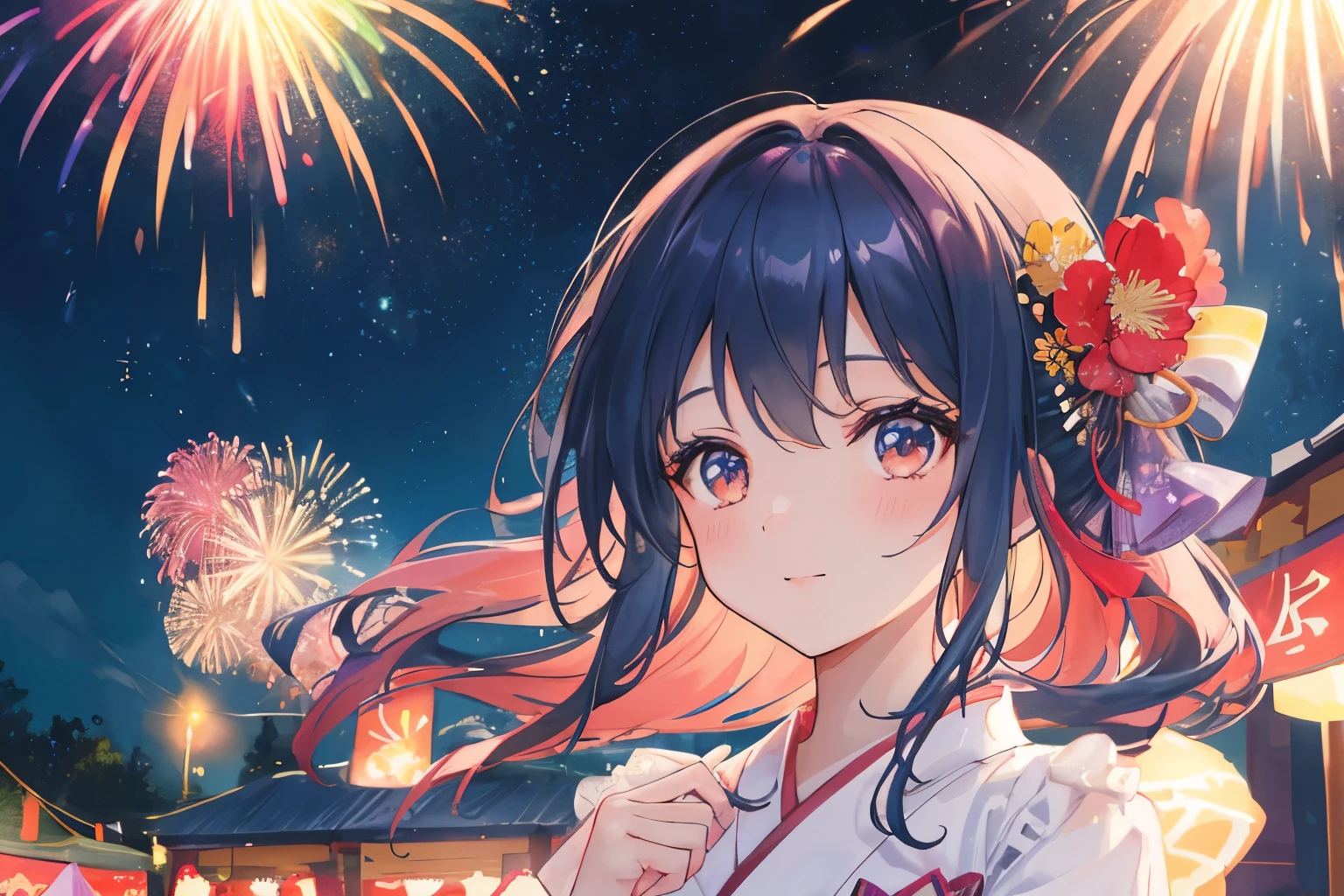 Generate a high-quality illustration depicting a scene of a festival where fantastical fireworks illuminate the sky, with a beautiful girl dressed in a yukata gazing up at them. Ensure that the overall composition exudes a sense of nostalgia and fantasy, capturing the magical atmosphere of the festival. Pay attention to the intricate details such as the colorful bursts of fireworks, the shimmering reflections, and the expressions of awe and wonder on the girl's face. Aim for a finely crafted artwork that transports viewers to the enchanting moment, best quality, masterpiece
