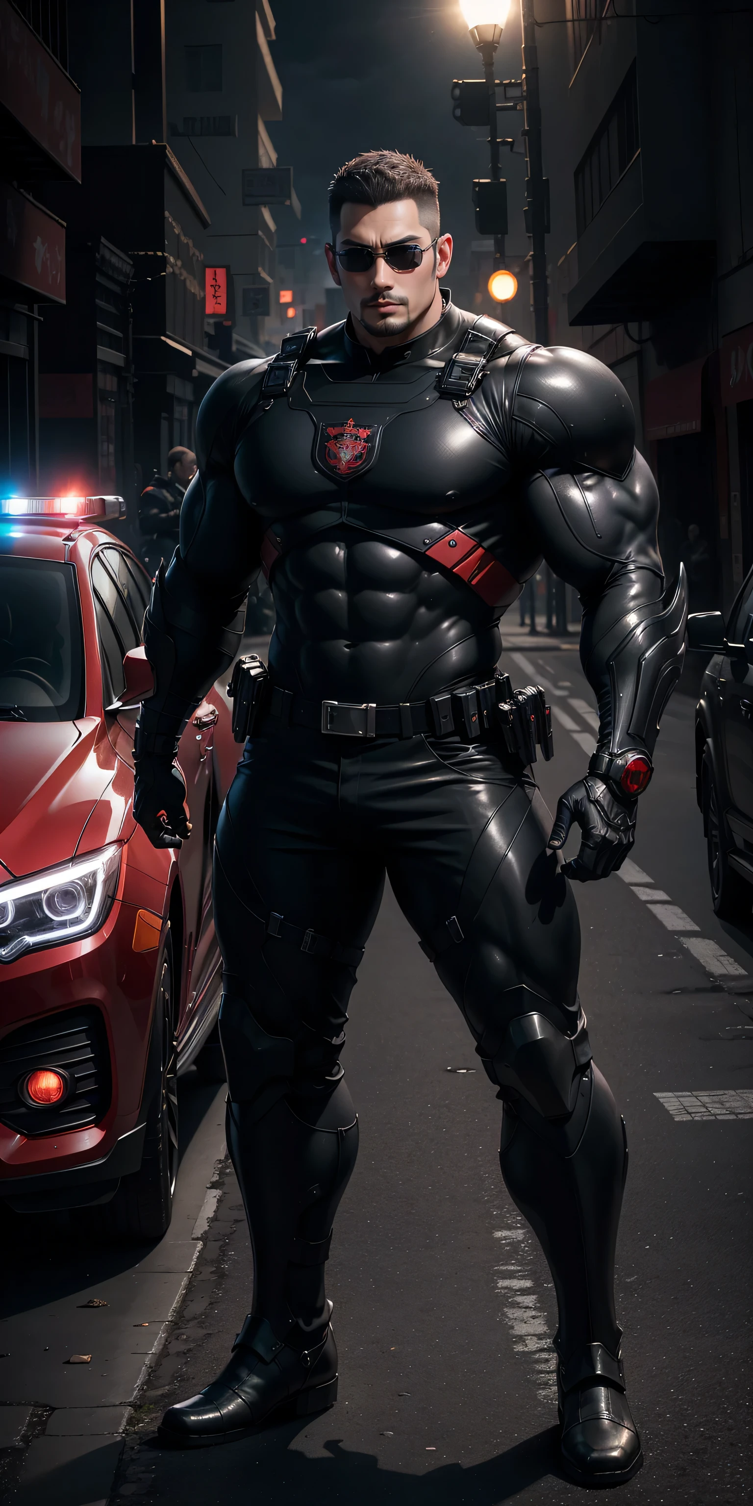 Tall giant muscular police officer,Dark red gray honeycomb network pattern nano mecha,Colorful eye patch,戴mechanical sunglasses,character concept(Resident Evil - chris redfield,chris redfield)senior police officer,mechanical sunglasses,regular symmetrical texture pattern,sad expression,Deep and charming eyes,Emerald Eyes Hero,heroic male pose,高大burly,muscular!Charming leg muscles,High, burly, Heqiang, Super gain and cool, high resolution committee, Bigfoot dark red gray ultra-thin nanomechanical boots,Charming strong man,The bright sunshine is shining on you,matte particles,shiny texture