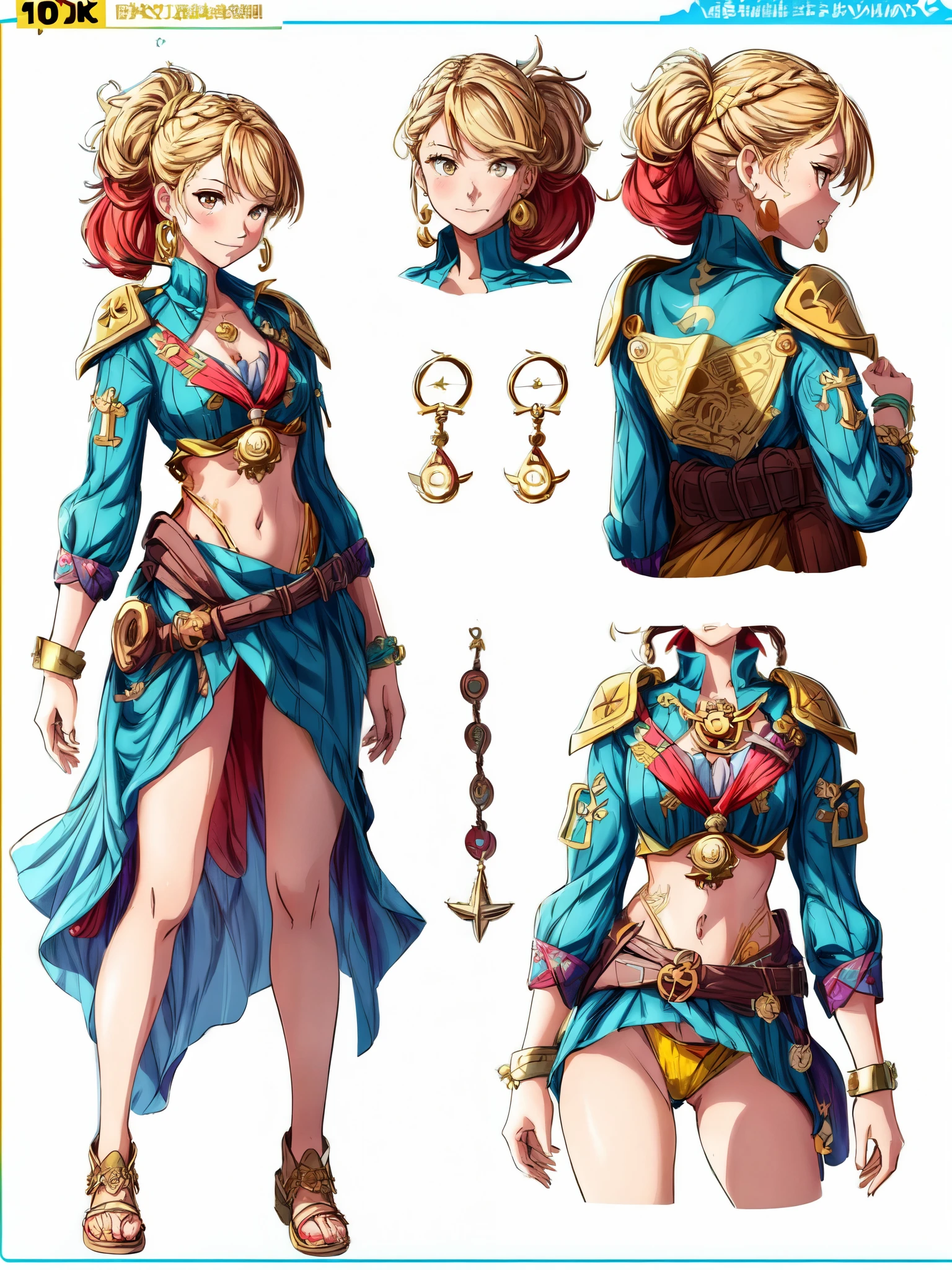 pirates girl,illustration,ocean background,treasure map,shipwrecked,gold coins,adventure,breezy,hazy sunset,brave expression,waving flag,braided hair,telescope,seagulls,fierce eyes,golden earrings,billowy dress,jolly roger emblem,parrot companion,peg leg,sea breeze,gold teeth,anchor tattoo,(best quality,4k,highres:1.2),vivid colors,ray of light,storybook style, (((best quality))),(character design sheet, same character, front, side, back),(CharacterSheet:1), (three view drawing), (multiple views, full body, upper body, reference sheet:1.2), (simple background, white background), (simple background, white background),,"(best quality, highres, masterpiece:1.2),