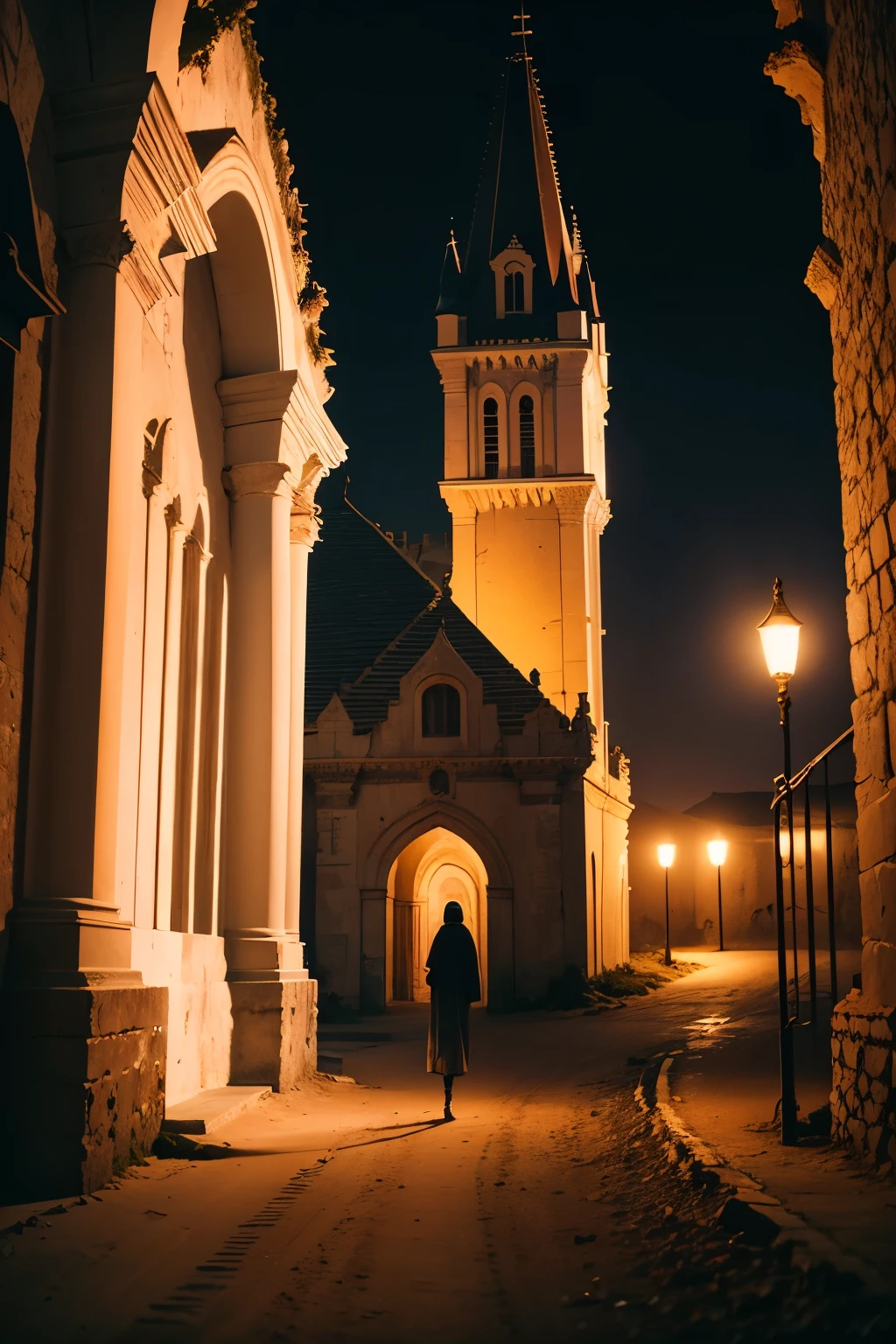 cinematic photo UM CASTELO EM RUINAS A NOITE NO DESERTO . Fotografia 35mm, cinematographic, Bokeh, profissional, 4k, altamente detalhado