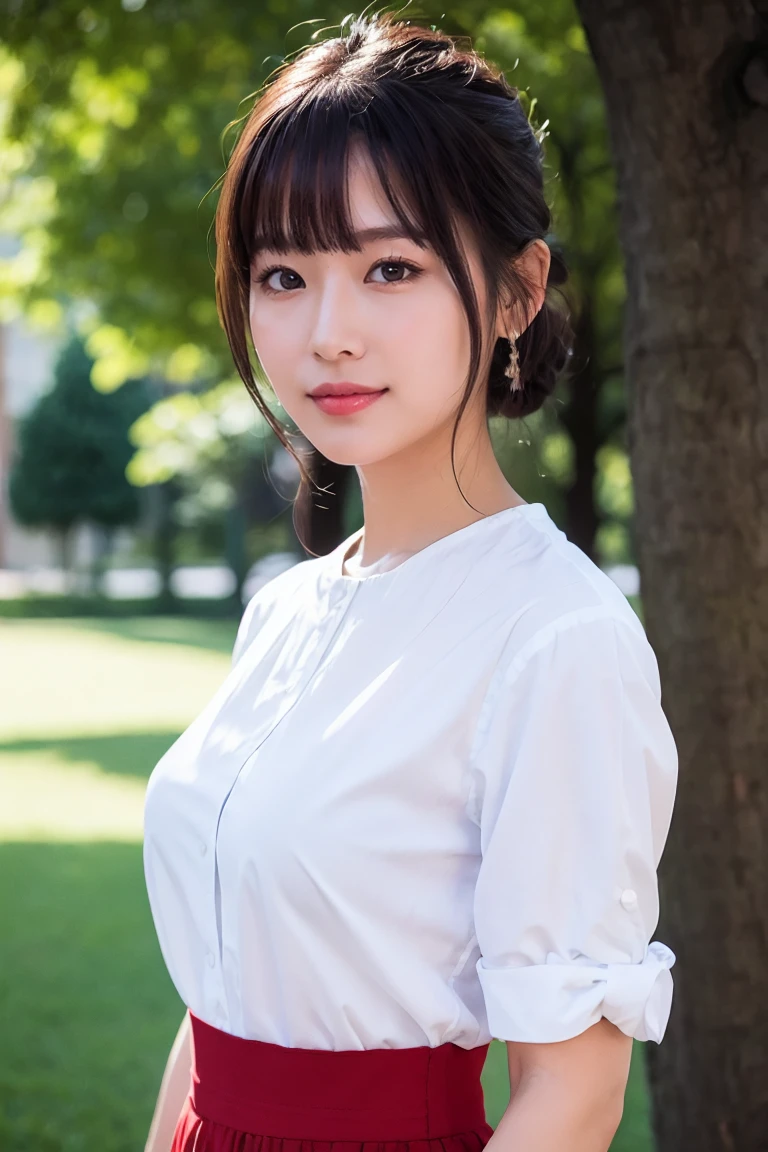medium view, medium shot, written boundary depth, bust, Upper body, cinematic angle, masterpiece, highest quality, Super detailed, CG, 8k wallpaper, beautiful face, delicate eyes, maiden, alone, smile, bangs, skirt, shirt, have, deep red dress, bow, petal, bouquet