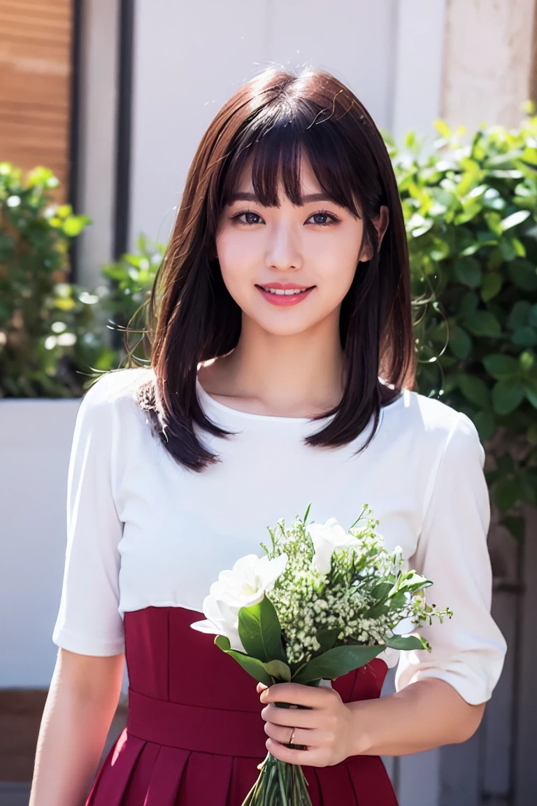 medium view, medium shot, written boundary depth, bust, Upper body, cinematic angle, masterpiece, highest quality, Super detailed, CG, 8k wallpaper, beautiful face, delicate eyes, maiden, alone, smile, bangs, skirt, shirt, have, deep red dress, bow, petal, bouquet