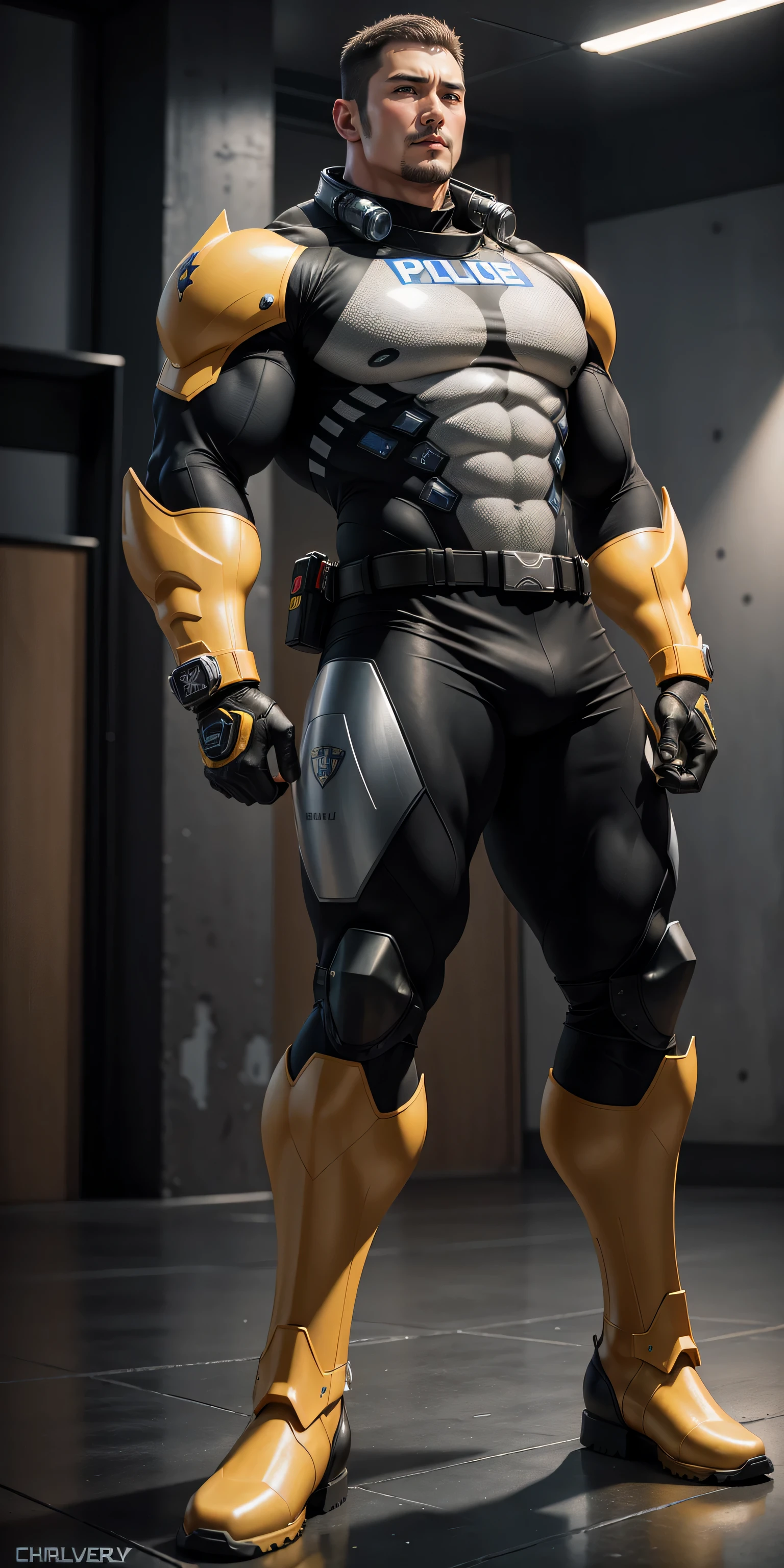 Tall giant muscular police officer，Yellow-gray honeycomb network pattern nano mecha，honeycomb pattern，Lightweight texture，character concept（Resident Evil - chris redfield，chris redfield）senior police officer，small grid texture，regular symmetrical texture pattern，sad expression，Deep and charming eyes，Emerald Eyes Hero，heroic male pose，高大burly，muscular！Charming leg muscles，High, burly, Heqiang，  Super gain and cool， high resolution committee， Yellow gray ultra-thin nano mechanical boots for big feet，Charming strong man，The bright sunshine is shining on you，matte particles，shiny texture