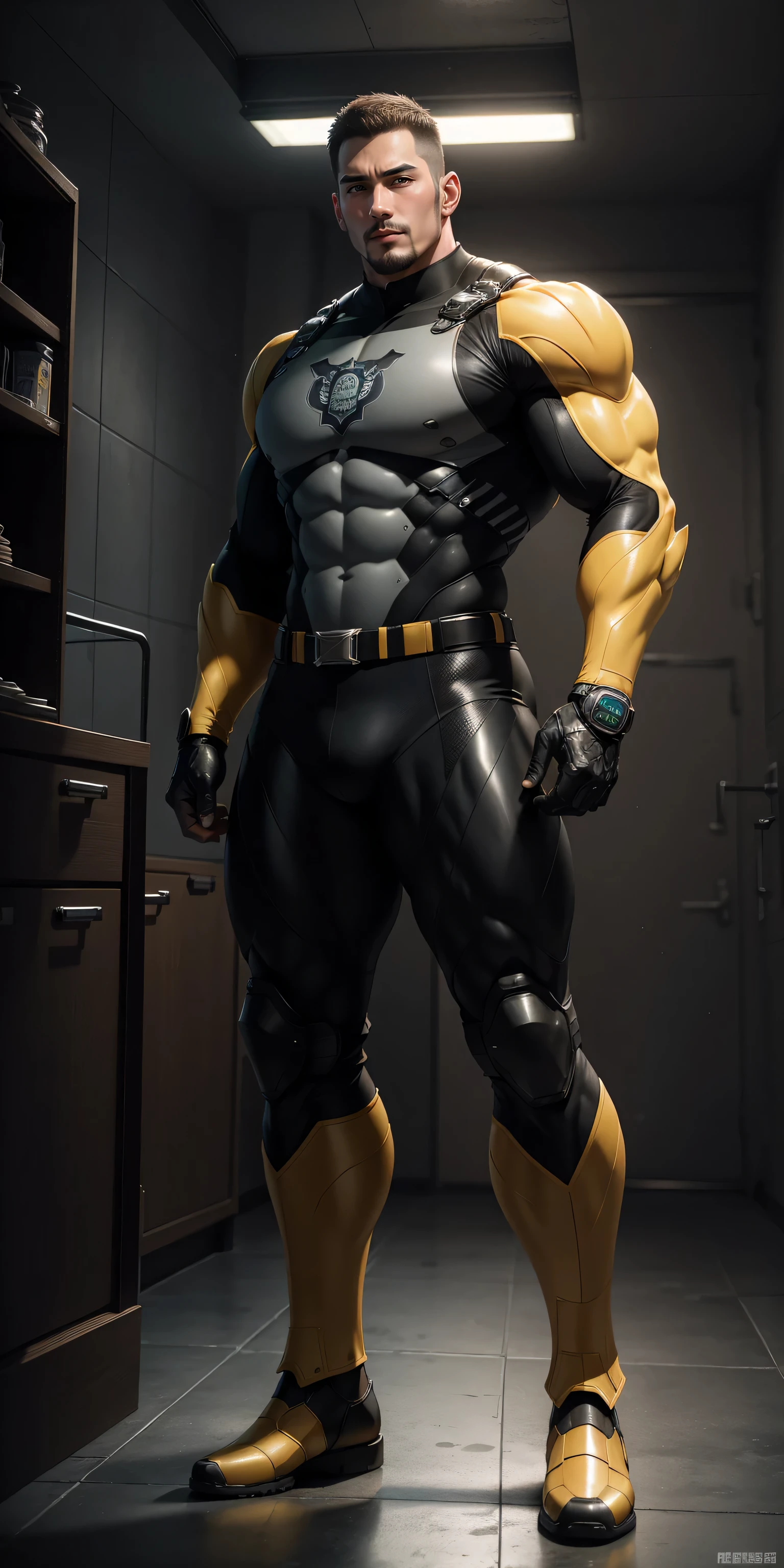 Tall giant muscular police officer，Yellow-gray honeycomb network pattern nano mecha，honeycomb pattern，Lightweight texture，character concept（Resident Evil - chris redfield，chris redfield）senior police officer，small grid texture，regular symmetrical texture pattern，sad expression，Deep and charming eyes，Emerald Eyes Hero，heroic male pose，高大burly，muscular！Charming leg muscles，High, burly, Heqiang，  Super gain and cool， high resolution committee， Yellow gray ultra-thin nano mechanical boots for big feet，Charming strong man，The bright sunshine is shining on you，matte particles，shiny texture