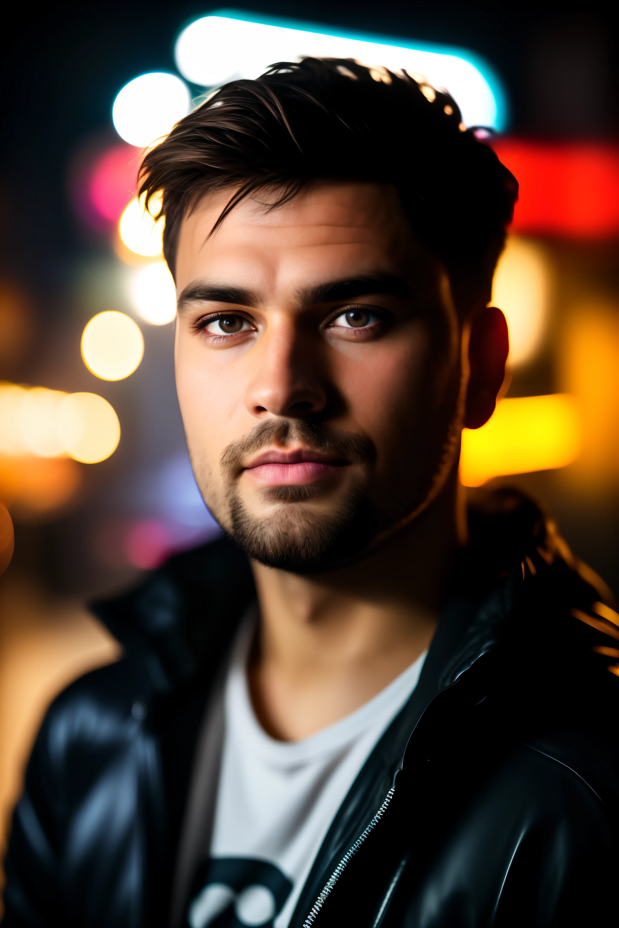 Foto em close-up de um cara, YouTube blogger in his home studio, luz neon, streaming, textura natural da pele, sharp focus, profundidade de campo, f/11, strobist, luz de aro, led lighting, Antecedentes ciberpunk