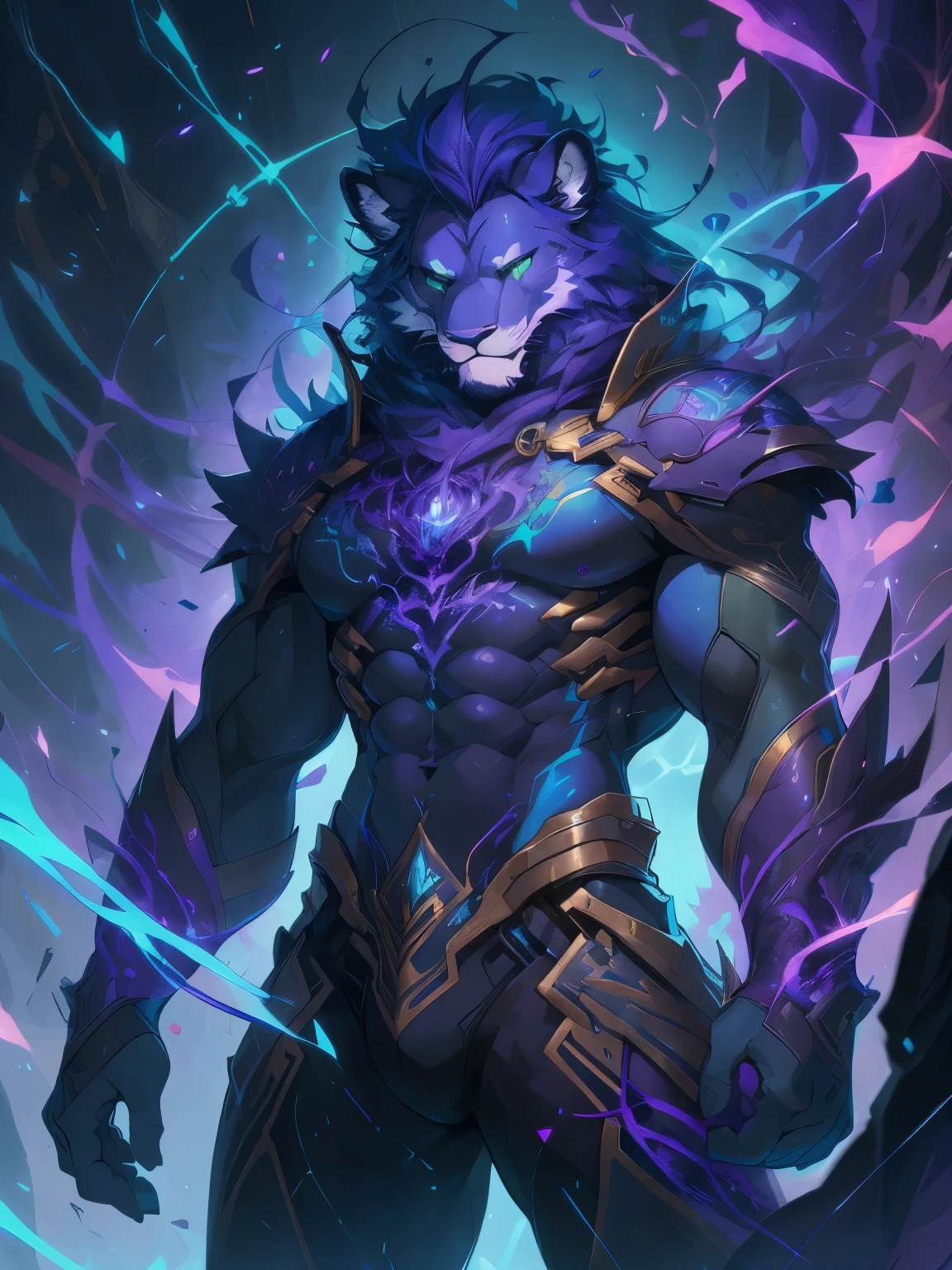 male, furry, Lion anthro, Green eyes, (Realistic eye details 1.2), abs, Perfect centralization, Fantastic Blue-Purple beam, V0id3nergy, delight, Standing position, Abstract beauty, centre, Looking at the camera, Facing the camera, nearing perfection, Dynamic, highly detailed, Liso, sharp focus, 8K, A high resolution, illustration, Art by Carne Griffiths and Wadim Kashin