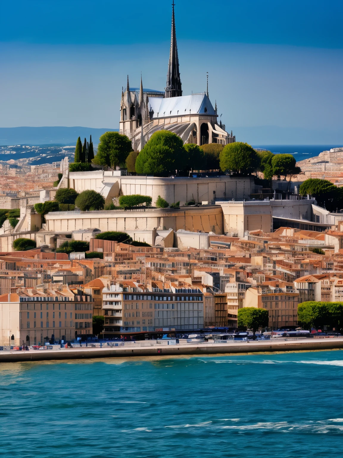 (Masterpiece, Best Quality), Highres, (8k resolution) Photorealistic, (View from the sea, Facing the horizon, Front view, Wide shot), Seaside panorama, Reflection in water, (Marseille, Notre Dame De La Garde), City of Marseille, Splendid view, Breathtaking details, Stunning realism, Urban contrast, Remarkable architecture, Glimmering sea, Mediterranean charm, Vibrant colors, Captivating light, Urban magnificence, Endless horizon, Mediterranean radiance, High reliefs