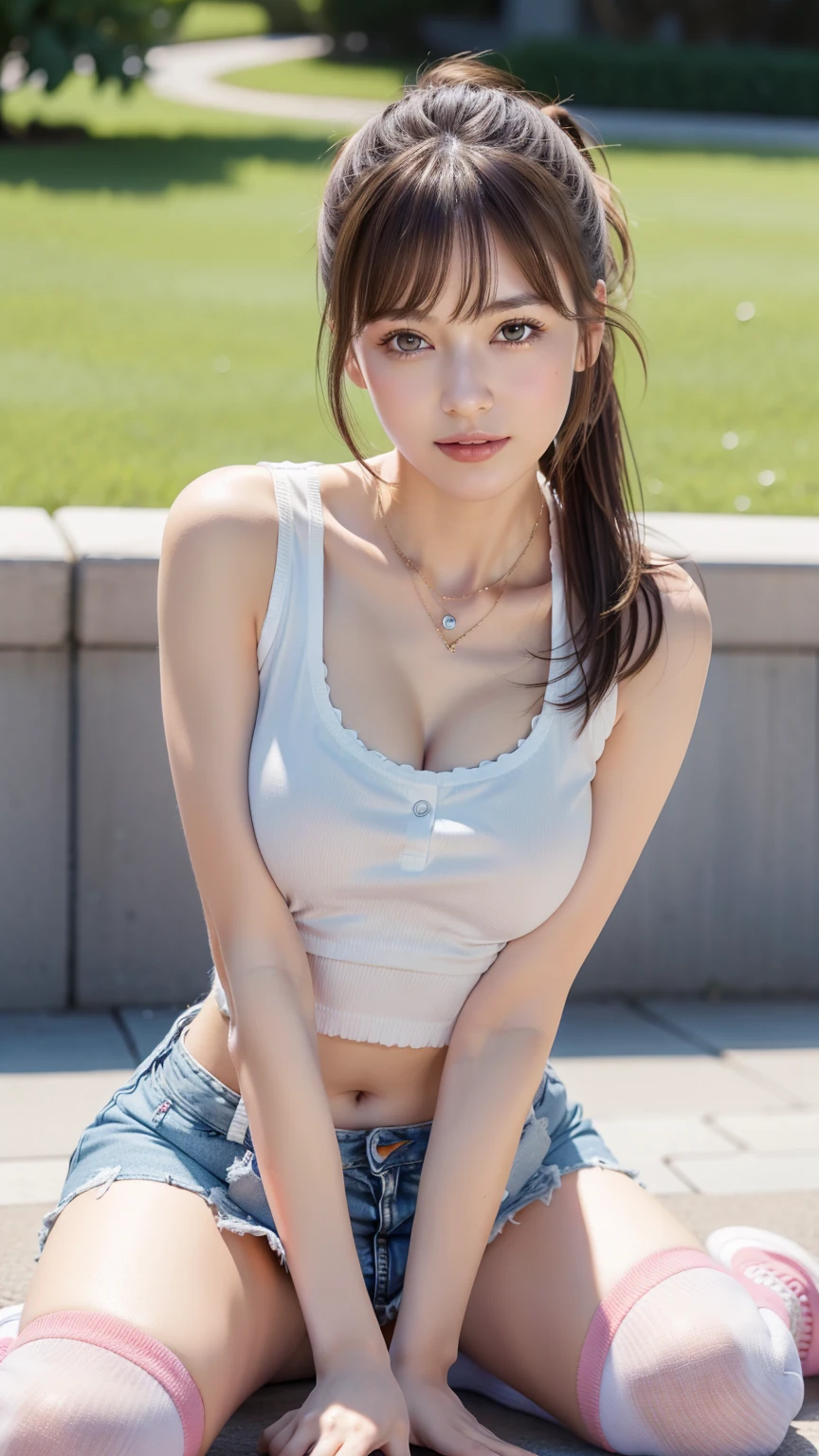 (RAW photo:1.2),(realistic:1.4),(masterpiece:1.3),(highest quality:1.4),ultra high resolution,
HDR,8K resolution,
dream-like,
check comments,comment request,scenery,((no text)),
alone focus, (whole body),
(fine eyes),(detailed facial features), (Detailed clothing characteristics),
Perfect for your skin, (shiny skin),(slender girl),(slim girl),
(1 girl,alone),VirtualGirl-Rin, Happy,sexy look, (big breasts), bangs tactile,ponytail hair、 brown hair, brown eyes,
25age、cleavage、denim jacket、white tank top、denim mini skirt、nike sneakers、pink socks、cute necklace