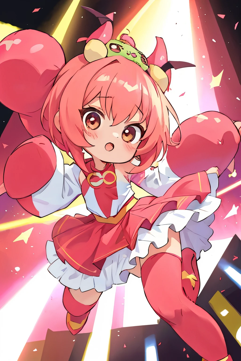 Chibi girl acting on the stage of Hero Sentai、wearing a cute monster costume