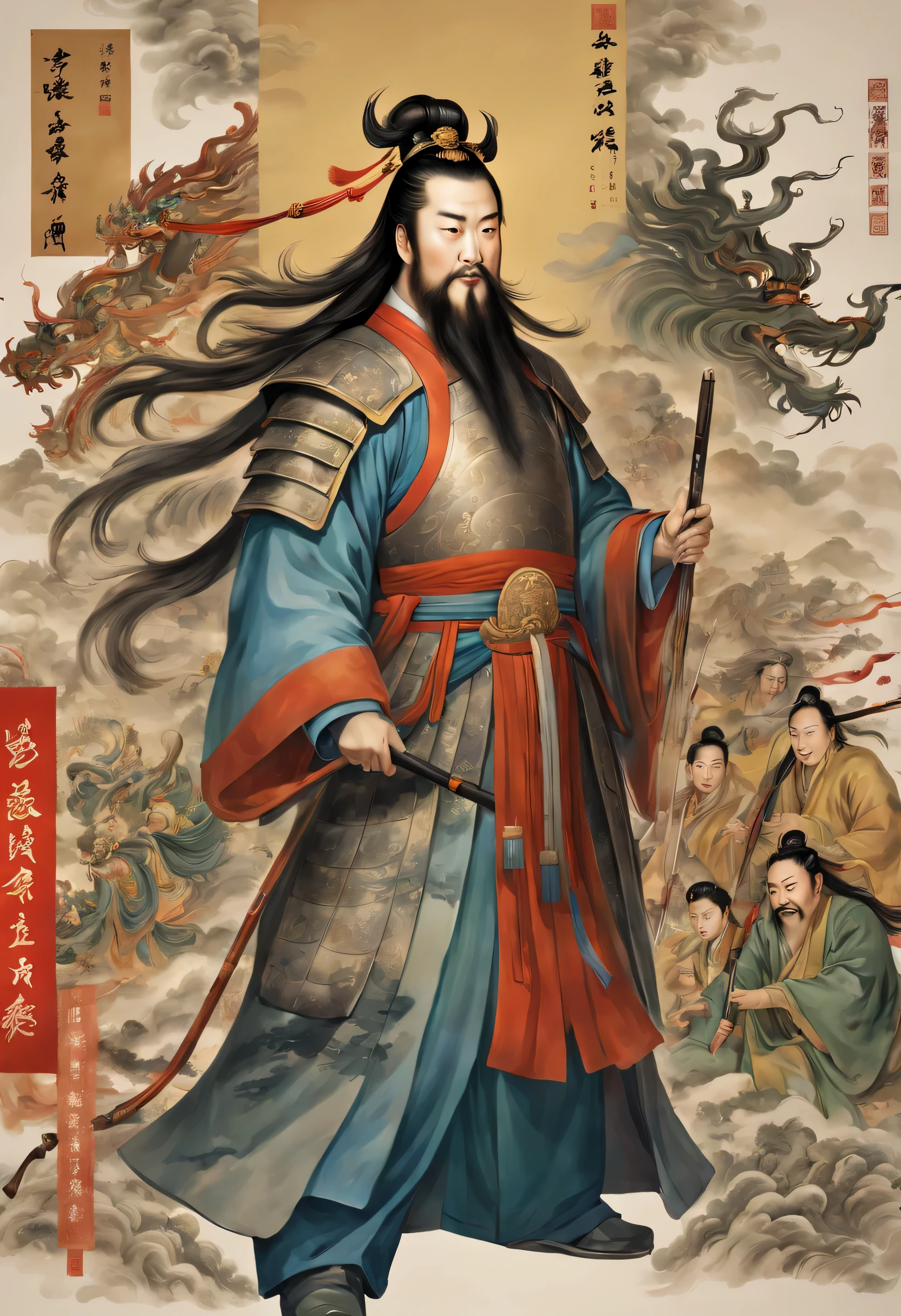 (masterpiece)(best quality)(Chinese painting)design a work of art: (1.6). In the middle of the picture is the statue of Guan Gong, Wearing a war robe,Holding the Blue Dragon Moon Knife, With classical calligraphy and painting elements as the background: (1.6). To the left of Guan Gong are a group of Asian college students wearing modern clothes.: (1.5). they are studying hard、Active discussion: (1.5). The right side of the picture is a timeline from classical to modern times., Closely connect Guan Gong and college students. The whole picture is painted in ink tones, Combining classical and modern elements, Demonstrate the inheritance and development of Guan Gong spirit in contemporary times: (1.55)