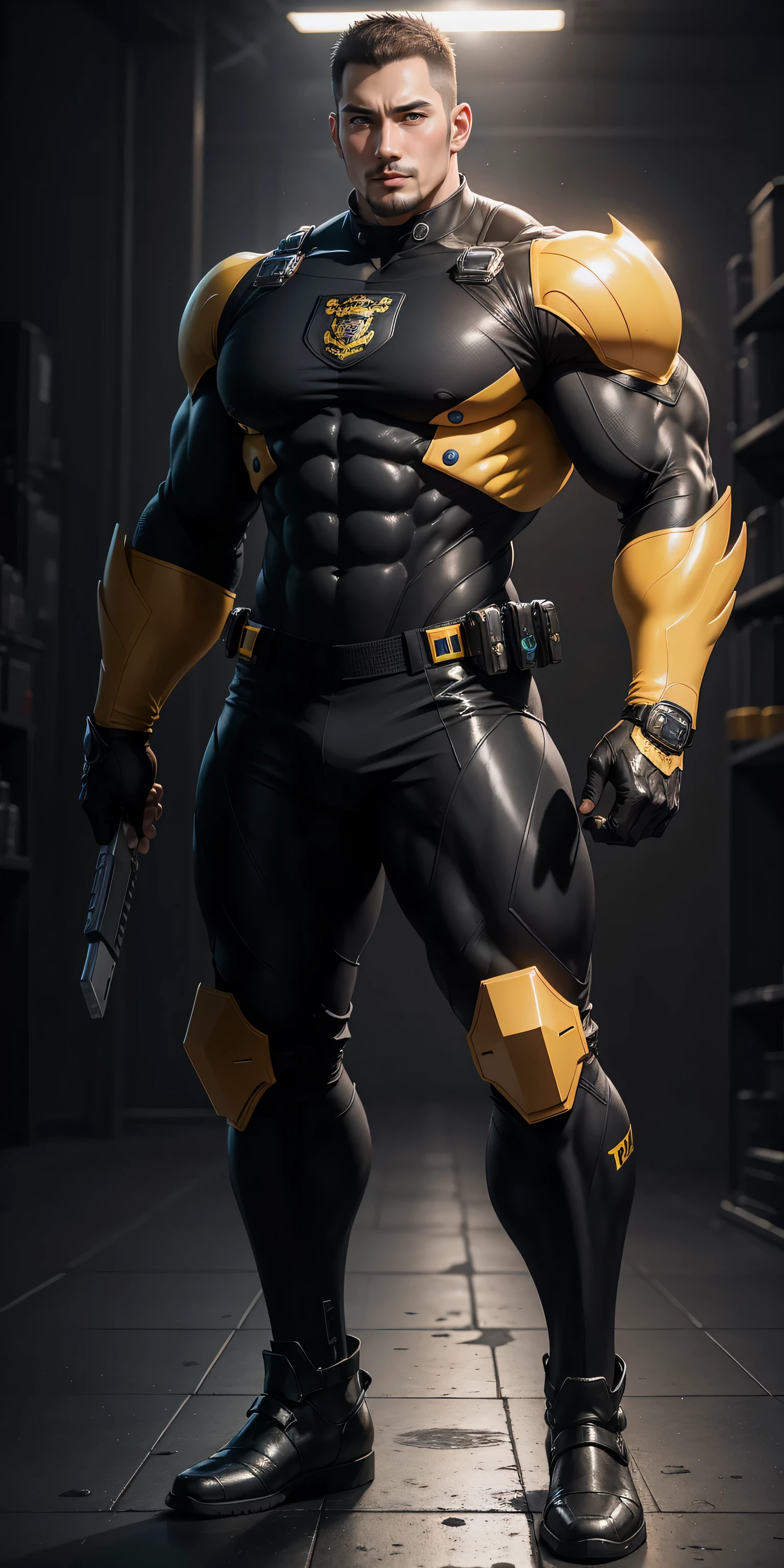 Tall giant muscular police officer,Yellow and black honeycomb network pattern nano mecha,honeycomb pattern,Lightweight texture,character concept(Resident Evil - chris redfield,chris redfield)senior police officer,small grid texture,regular symmetrical texture pattern,sad expression,Deep and charming eyes,Emerald Eyes Hero,heroic male pose,高大burly,muscular!Charming leg muscles,High, burly, Heqiang, Super gain and cool, high resolution committee, Bigfoot yellow and black ultra-thin nano mechanical boots,Charming strong man,The bright sunshine is shining on you,matte particles,shiny texture