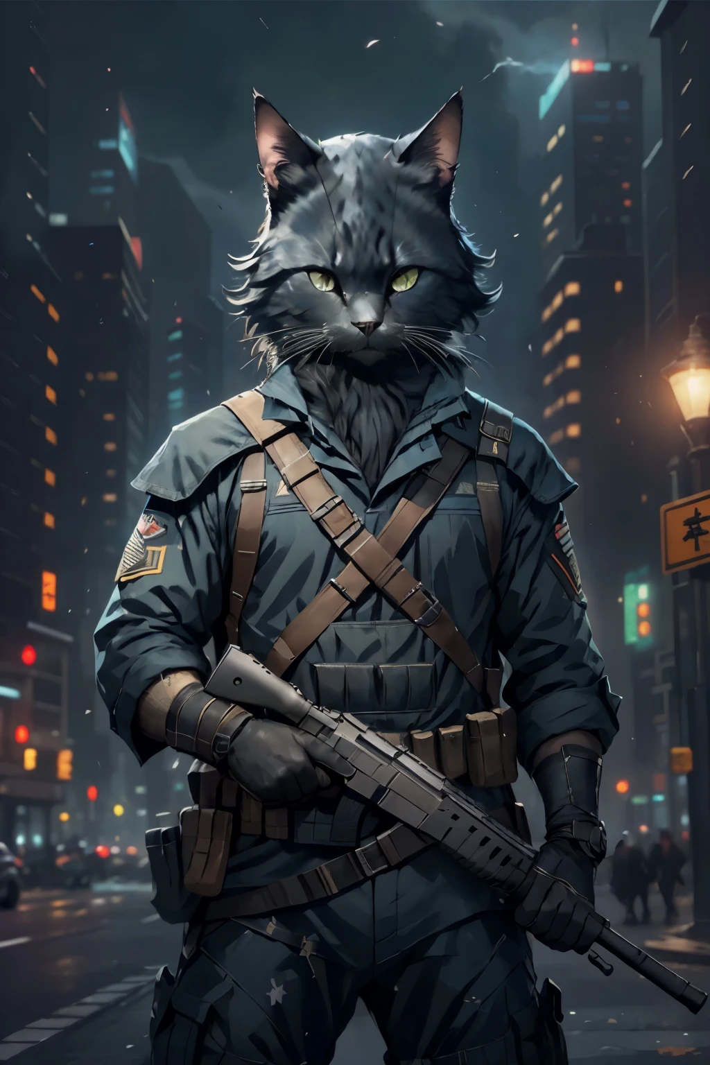 black cat holding a rifle、wearing combat uniform、Wearing a combat helmet、The background is a city of darkness