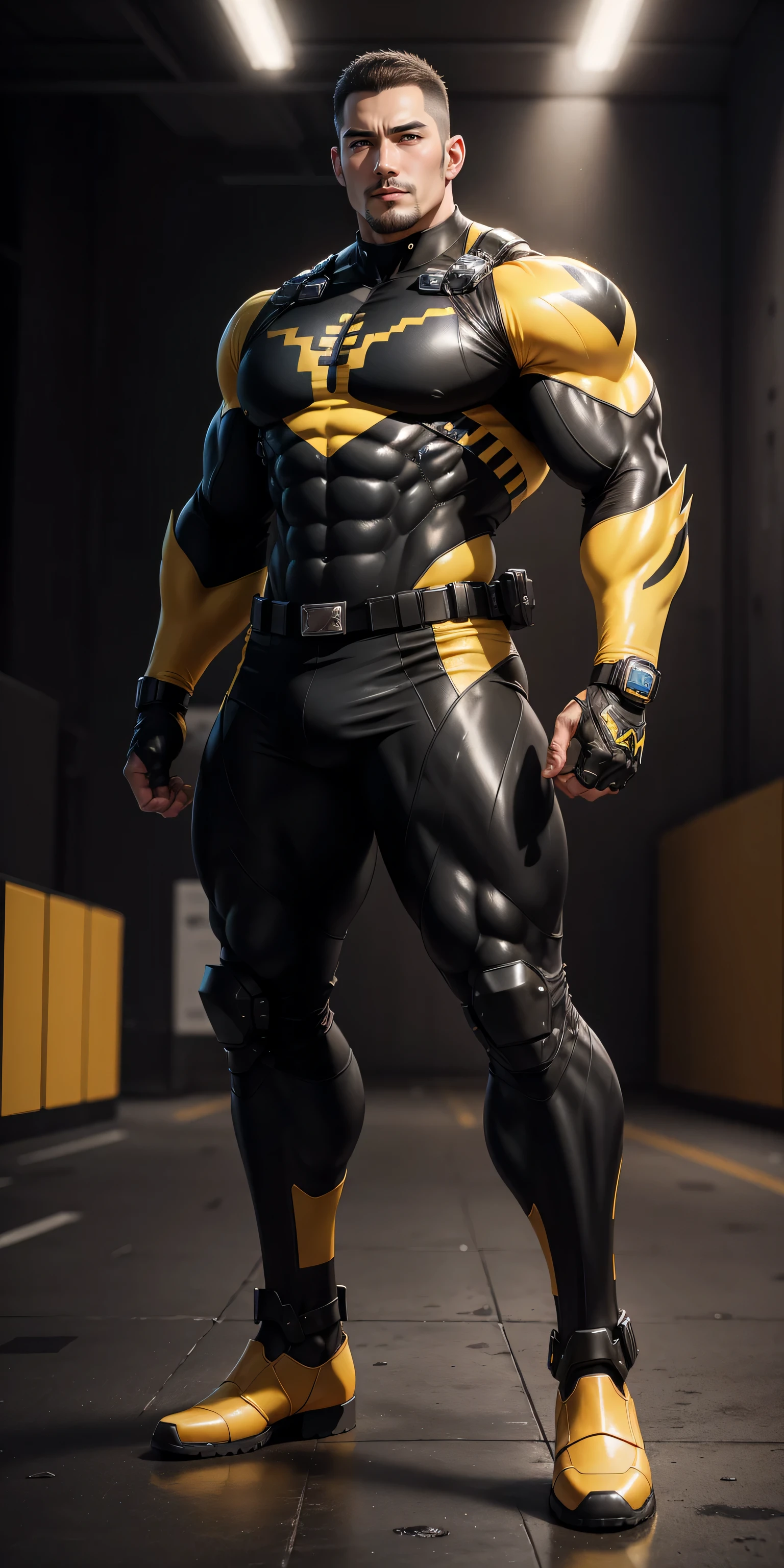 Tall giant muscular police officer，Yellow and black honeycomb network pattern nano mecha，honeycomb pattern，Lightweight texture，character concept（Resident Evil - chris redfield，chris redfield）senior police officer，small grid texture，regular symmetrical texture pattern，sad expression，Deep and charming eyes，Emerald Eyes Hero，heroic male pose，高大burly，muscular！Charming leg muscles，High, burly, Heqiang，  Super gain and cool， high resolution committee， Bigfoot yellow and black ultra-thin nano mechanical boots，Charming strong man，The bright sunshine is shining on you，matte particles，shiny texture