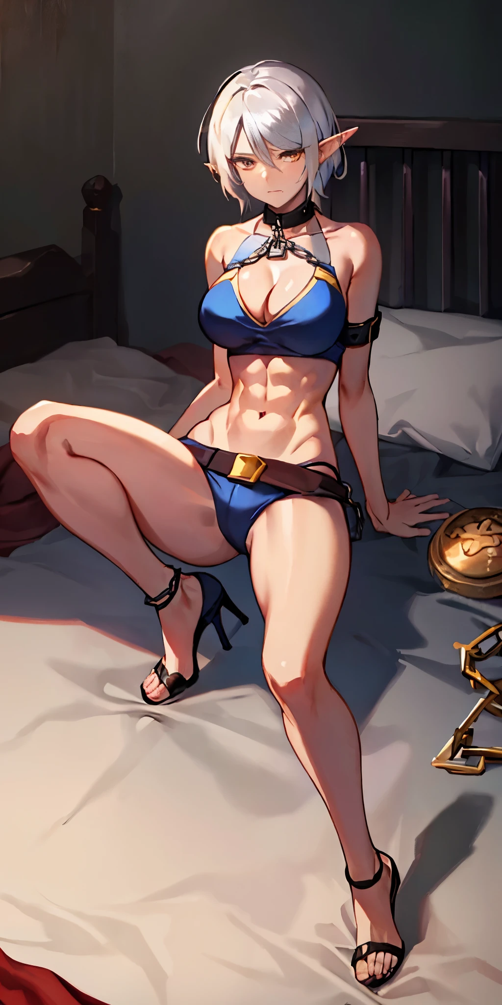 Full body, fetal position, sleeping on bed in the bedroom, high heels, ((Stunning Artwork)), high quality, darker skin tone, drow elf, mature, powerful expression, golden eyes,(silver hair:0.8+white hair:1.2), black bikini, toned abs, prominent curves, tattered clothing, chain collar, stomach tattoo (red ink), seductive pose