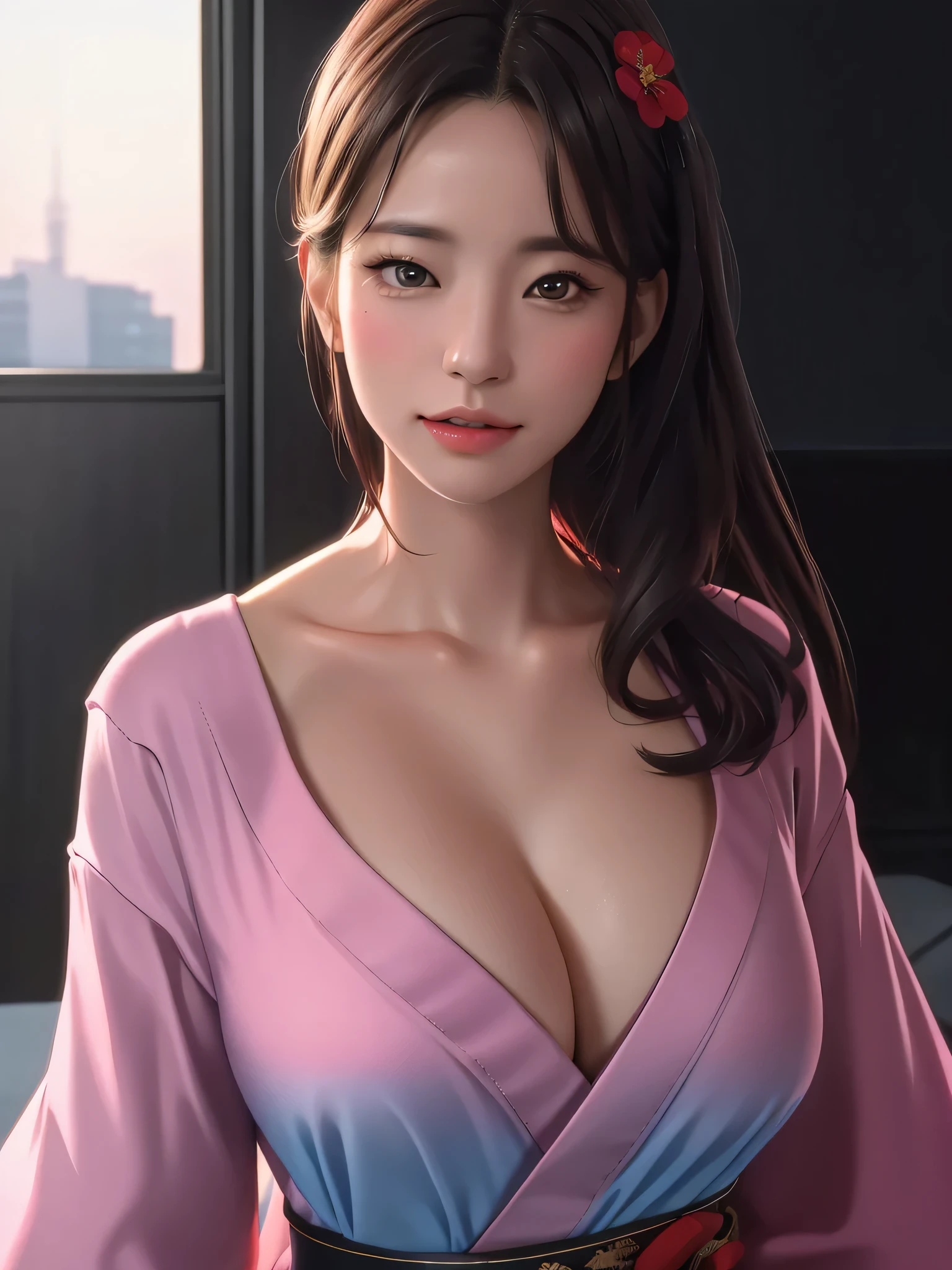 ((Best quality, 8k, Masterpiece :1.3)), Beautiful face, (photo realistic:1.4), soft lighting, (high detailed skin:1.3), 8k uhd, dslr, high quality, high resolution, 4k, 8k, absurdres, best ratio four finger and one thumb, (realistic:1.4), ((realistic medium breasts :1.3)), Highly detailed face and skin texture, Detailed eyes, Double eyelid, full body view, 1 asian woman, off shoulder kimono outfit