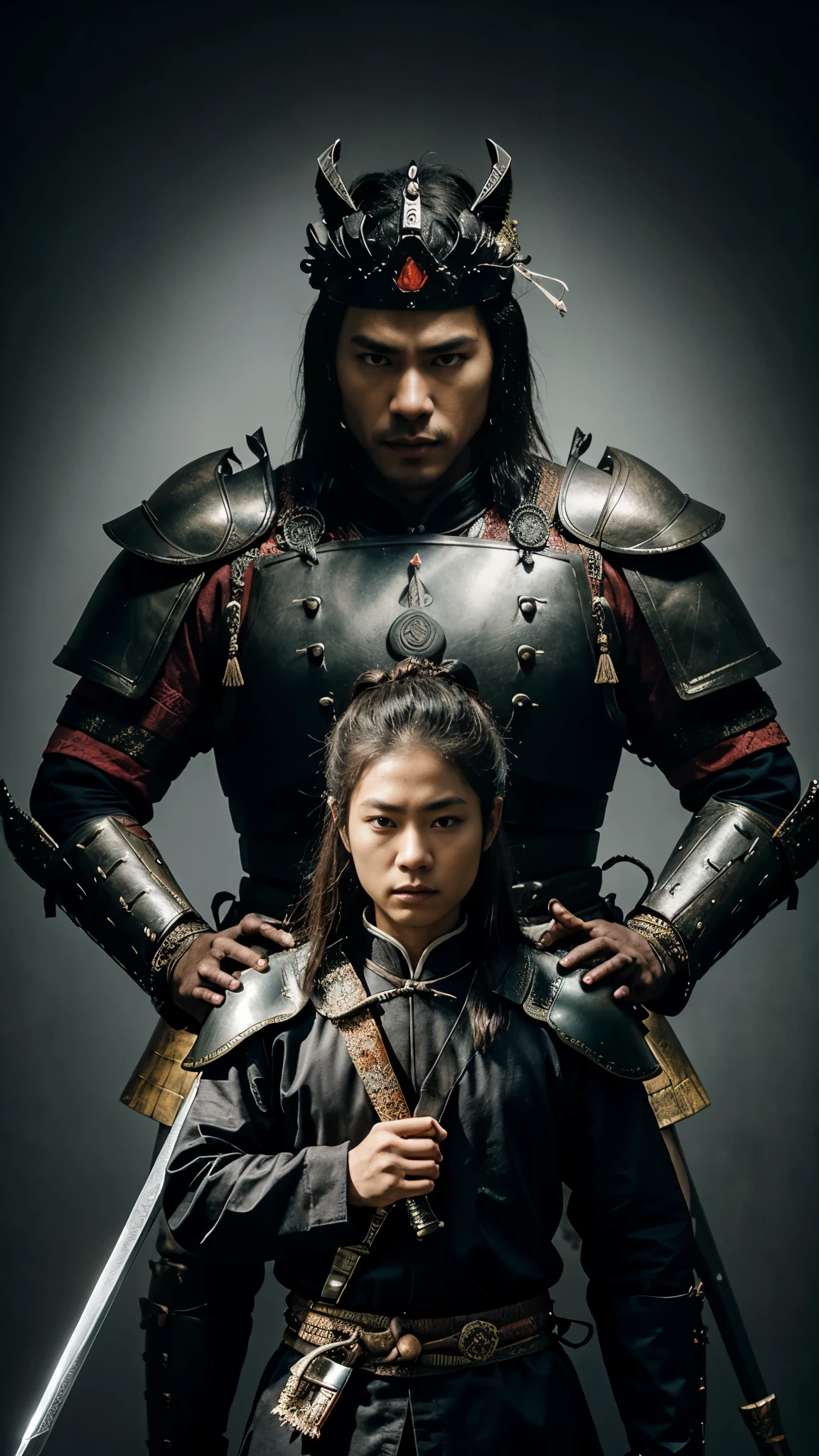 A samurai holding a samurai sword standing in front of a dragon preparing for battle. Detailed samurai armor.