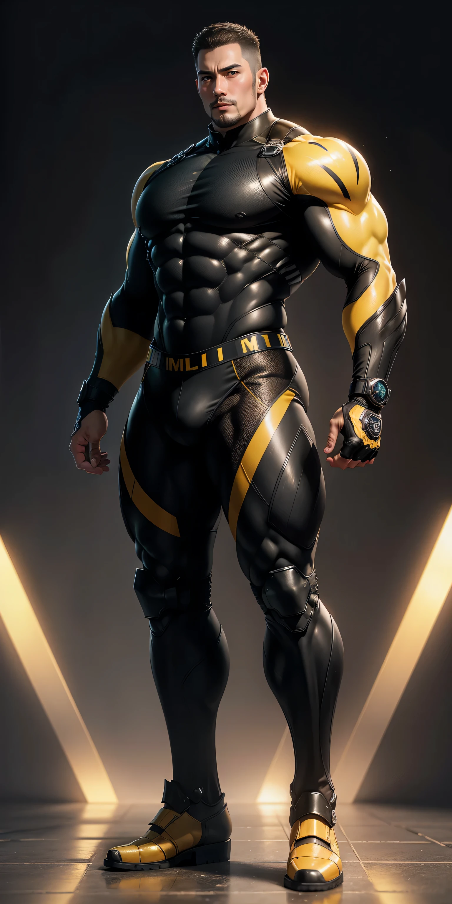 Tall giant muscular police officer，Yellow and black honeycomb network pattern nano mecha，honeycomb pattern，Lightweight texture，character concept（Resident Evil - chris redfield，chris redfield）senior police officer，small grid texture，regular symmetrical texture pattern，sad expression，Deep and charming eyes，Emerald Eyes Hero，heroic male pose，高大burly，muscular！Charming leg muscles，High, burly, Heqiang，  Super gain and cool， high resolution committee， Bigfoot yellow and black ultra-thin nano mechanical boots，Charming strong man，The bright sunshine is shining on you，matte particles，shiny texture