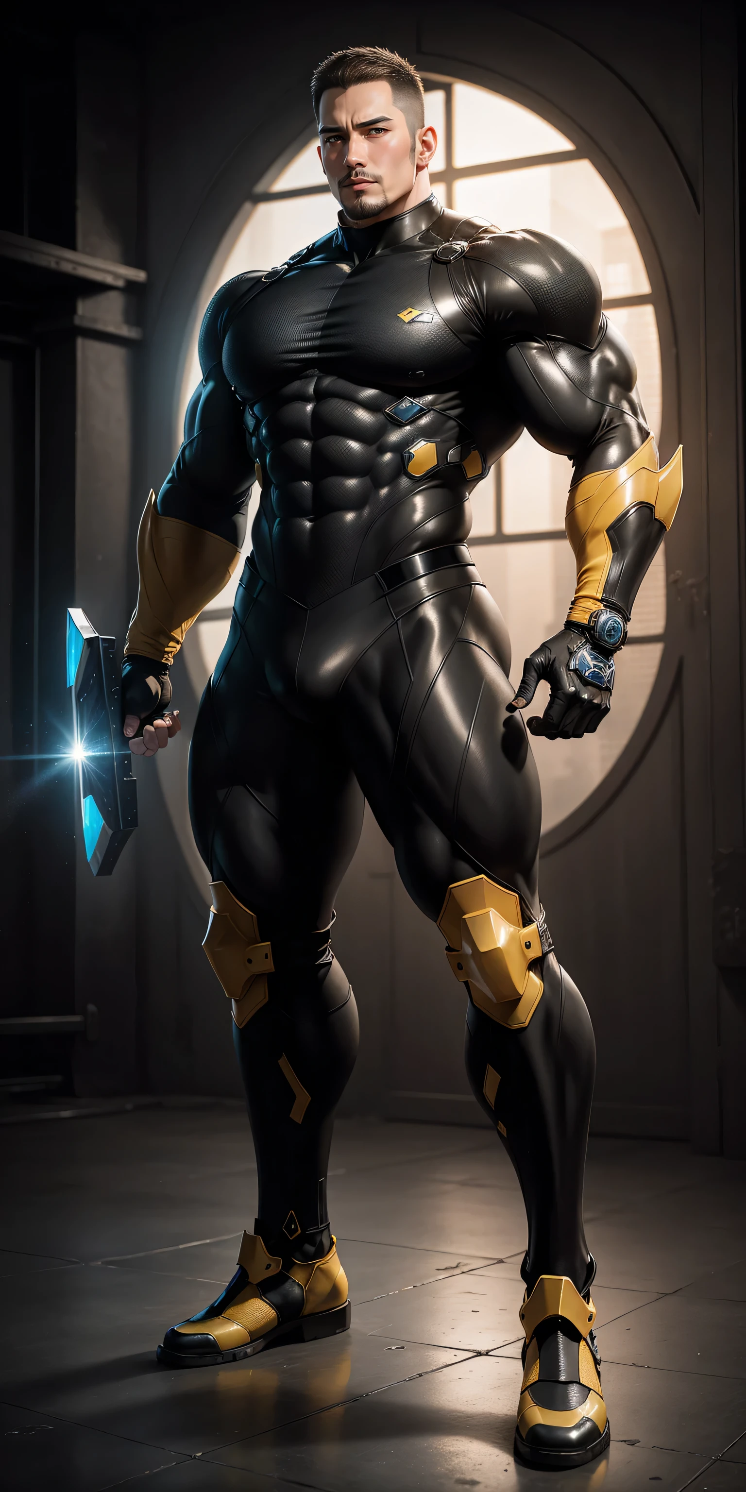 Tall giant muscular police officer，Yellow and black honeycomb network pattern nano mecha，honeycomb pattern，Lightweight texture，character concept（Resident Evil - chris redfield，chris redfield）senior police officer，small grid texture，regular symmetrical texture pattern，sad expression，Deep and charming eyes，Emerald Eyes Hero，heroic male pose，高大burly，muscular！Charming leg muscles，High, burly, Heqiang，  Super gain and cool， high resolution committee， Bigfoot yellow and black ultra-thin nano mechanical boots，Charming strong man，The bright sunshine is shining on you，matte particles，shiny texture