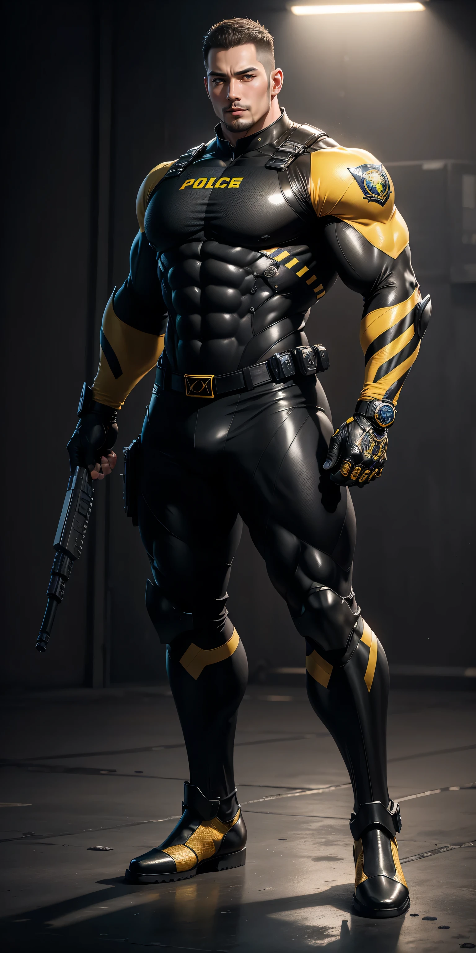 Tall giant muscular police officer，Yellow and black honeycomb network pattern nano mecha，honeycomb pattern，Lightweight texture，character concept（Resident Evil - chris redfield，chris redfield）senior police officer，small grid texture，regular symmetrical texture pattern，sad expression，Deep and charming eyes，Emerald Eyes Hero，heroic male pose，高大burly，muscular！Charming leg muscles，High, burly, Heqiang，  Super gain and cool， high resolution committee， Bigfoot yellow and black ultra-thin nano mechanical boots，Charming strong man，The bright sunshine is shining on you，matte particles，shiny texture