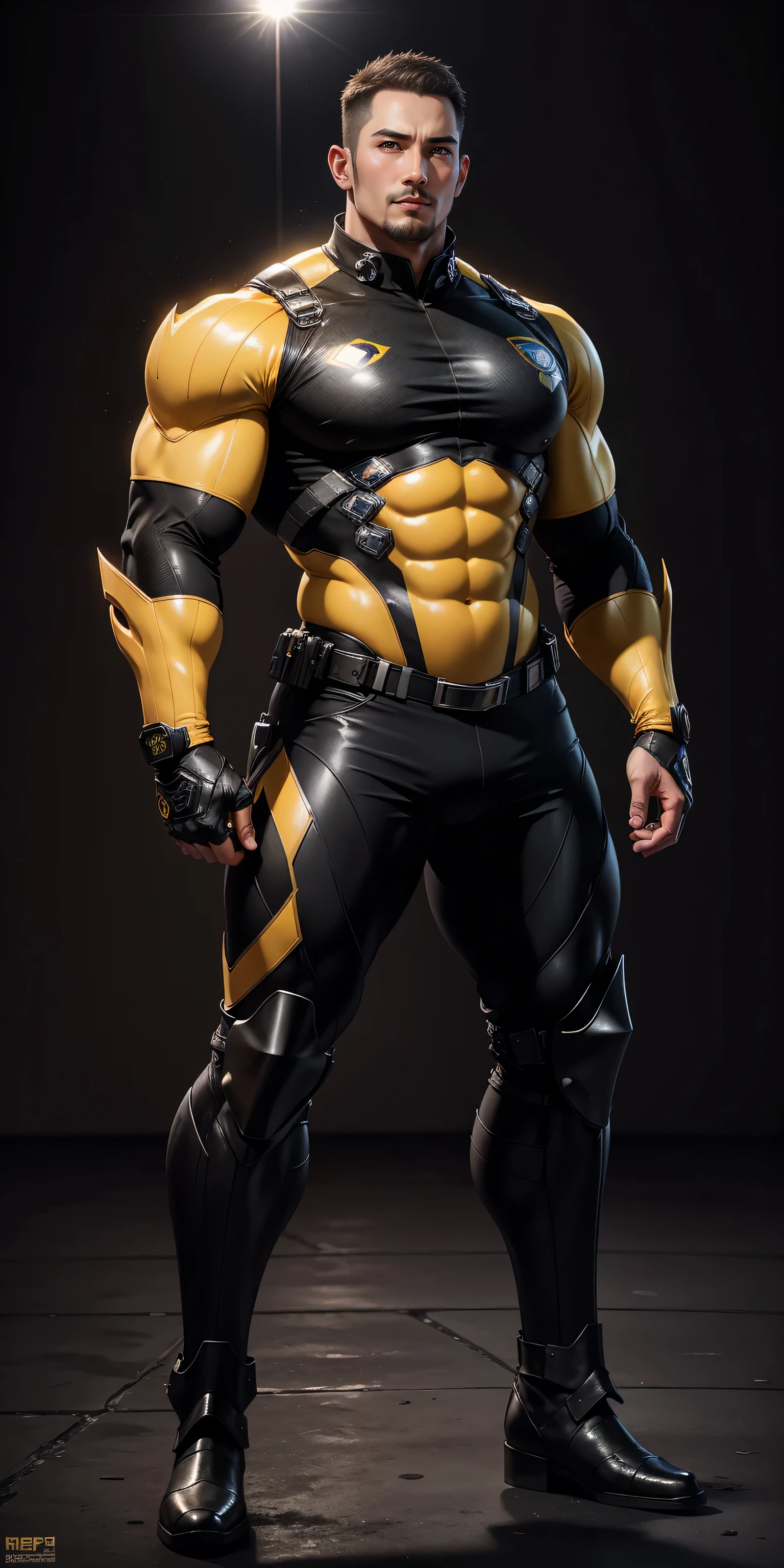 Tall giant muscular police officer，Yellow and black honeycomb network pattern nano mecha，honeycomb pattern，Lightweight texture，character concept（Resident Evil - chris redfield，chris redfield）senior police officer，small grid texture，regular symmetrical texture pattern，sad expression，Deep and charming eyes，Emerald Eyes Hero，heroic male pose，高大burly，muscular！Charming leg muscles，High, burly, Heqiang，  Super gain and cool， high resolution committee， Bigfoot yellow and black ultra-thin nano mechanical boots，Charming strong man，The bright sunshine is shining on you，matte particles，shiny texture