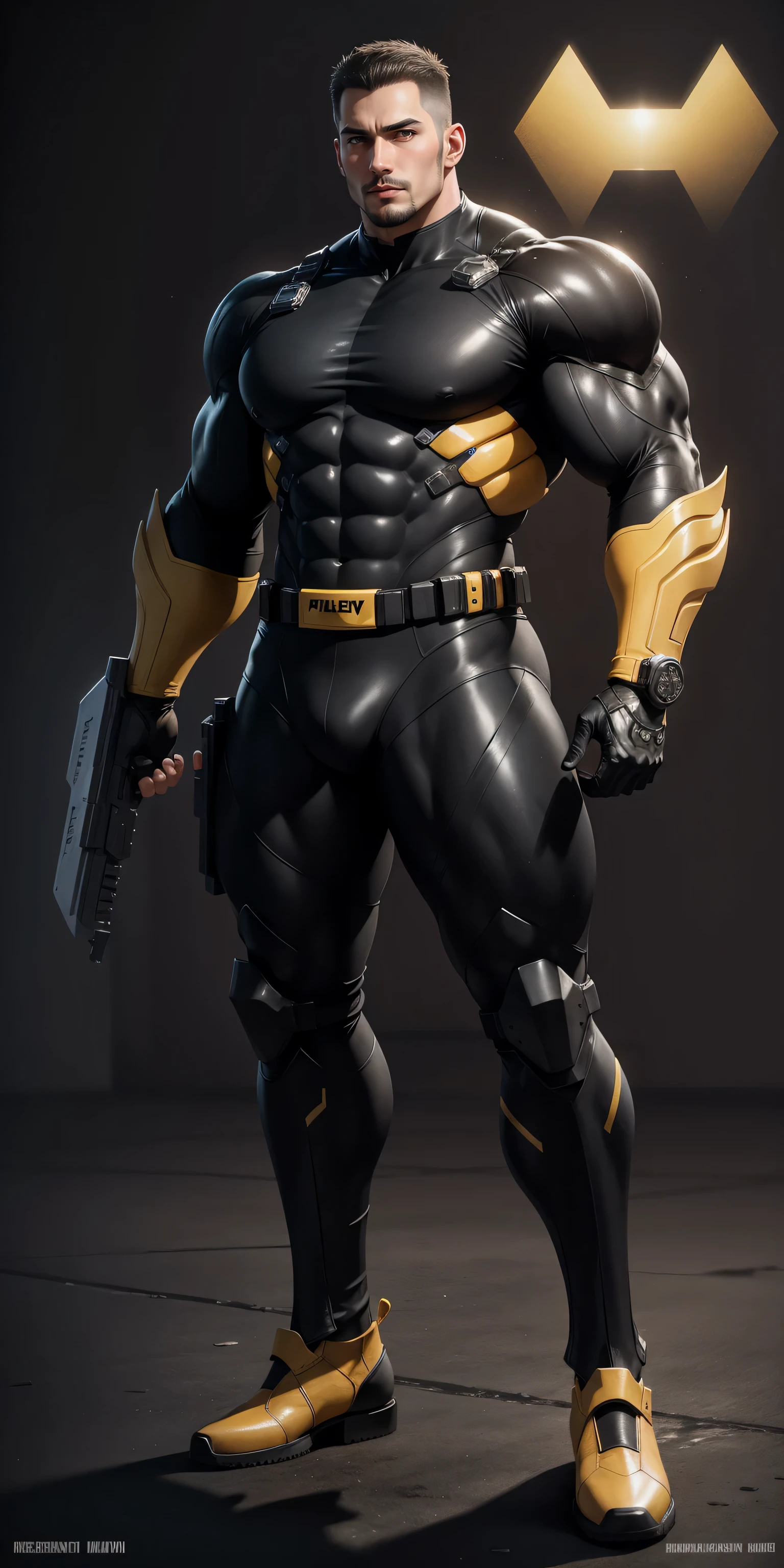 Tall giant muscular police officer，Yellow and black honeycomb network pattern nano mecha，honeycomb pattern，Lightweight texture，character concept（Resident Evil - chris redfield，chris redfield）senior police officer，small grid texture，regular symmetrical texture pattern，sad expression，Deep and charming eyes，Emerald Eyes Hero，heroic male pose，高大burly，muscular！Charming leg muscles，High, burly, Heqiang，  Super gain and cool， high resolution committee， Bigfoot yellow and black ultra-thin nano mechanical boots，Charming strong man，The bright sunshine is shining on you，matte particles，shiny texture