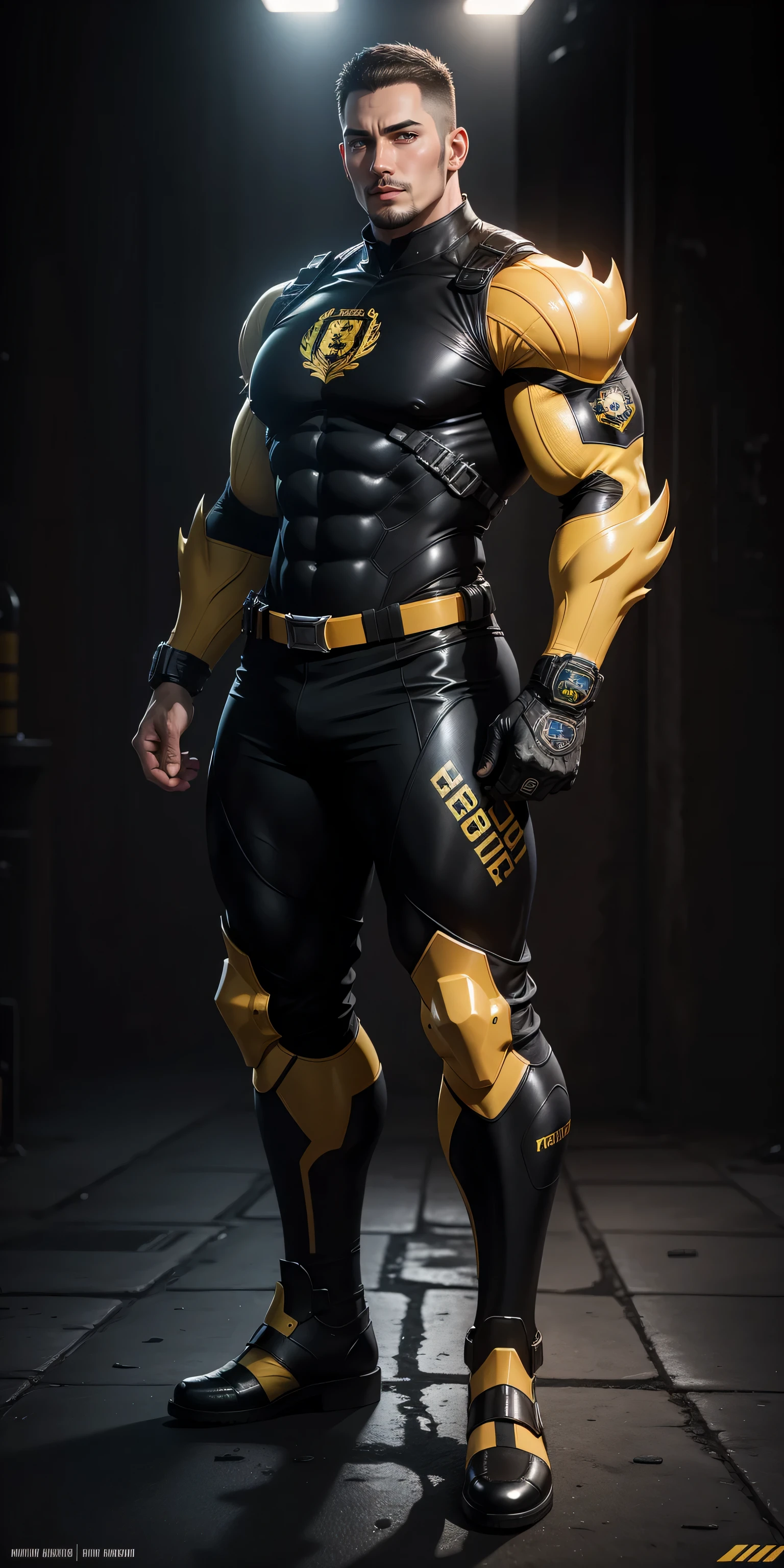 Tall giant muscular police officer,Yellow and black honeycomb network pattern nano mecha,honeycomb pattern,Lightweight texture,character concept(Resident Evil - chris redfield,chris redfield)senior police officer,small grid texture,regular symmetrical texture pattern,sad expression,Deep and charming eyes,Emerald Eyes Hero,heroic male pose,高大burly,muscular!Charming leg muscles,High, burly, Heqiang, Super gain and cool, high resolution committee, Bigfoot yellow and black ultra-thin nano mechanical boots,Charming strong man,The bright sunshine is shining on you,matte particles,shiny texture