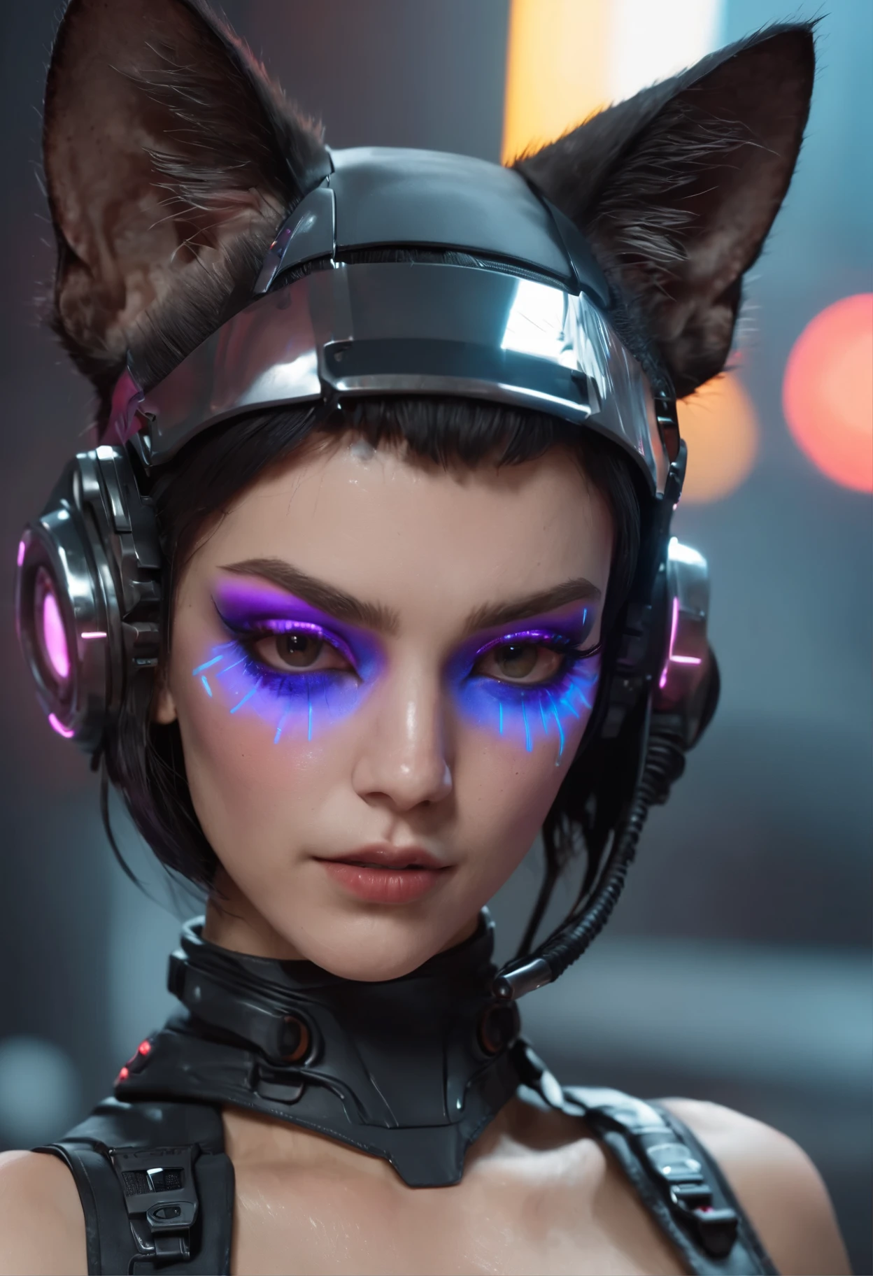 Beautiful cyberpunk model dressed as futuristic kitten, cyber wave, fundo cyberpunk 2077, mega cidade, neo cyber world, cinematographic, Contrata, 4k, detalhes intrincados, Grain,