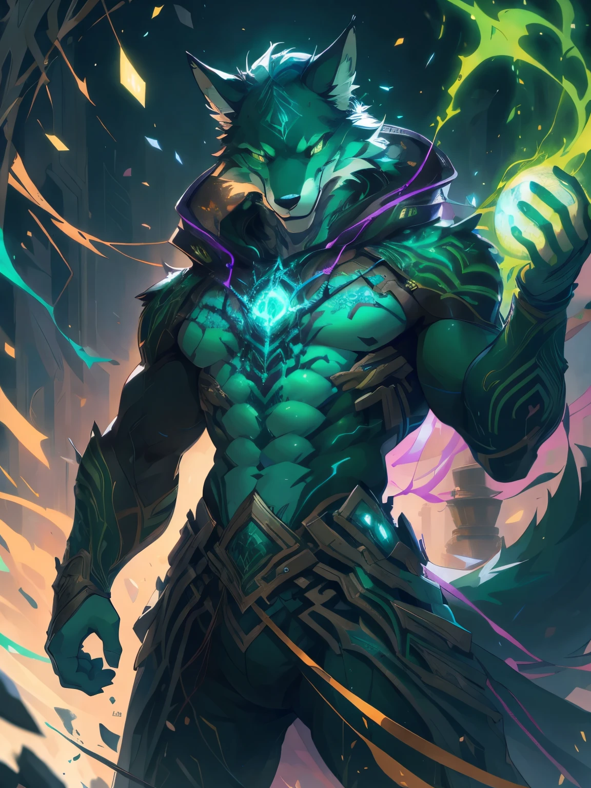 male, furry, Wolf anthro, Green eyes, (Realistic eye details 1.2), abs, Perfect centralization, Fantastic white-Green beam, V0id3nergy, delight, Standing position, Abstract beauty, centre, Looking at the camera, Facing the camera, nearing perfection, Dynamic, highly detailed, Liso, sharp focus, 8K, A high resolution, illustration, Art by Carne Griffiths and Wadim Kashin