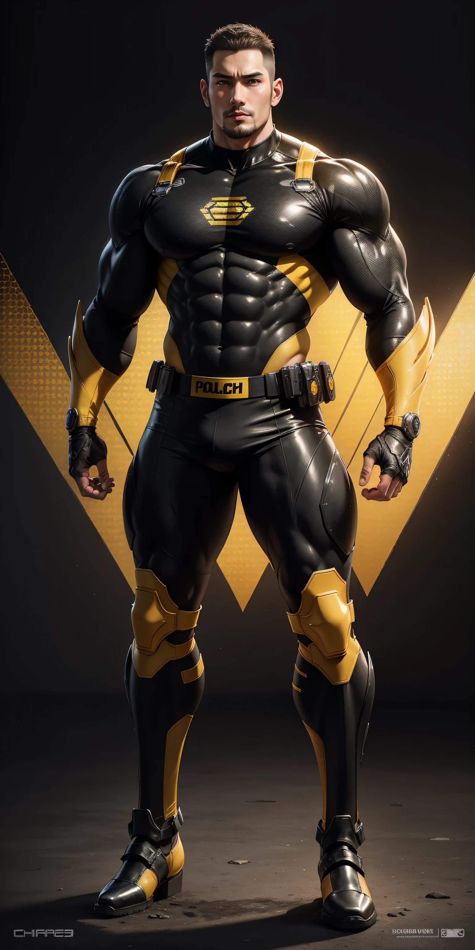 Tall giant muscular police officer,Yellow and black honeycomb network pattern nano mecha,honeycomb pattern,Lightweight texture,character concept(Resident Evil - chris redfield,chris redfield)senior police officer,small grid texture,regular symmetrical texture pattern,sad expression,Deep and charming eyes,Emerald Eyes Hero,heroic male pose,高大burly,muscular!Charming leg muscles,High, burly, Heqiang, Super gain and cool, high resolution committee, Bigfoot yellow and black ultra-thin nano mechanical boots,Charming strong man,The bright sunshine is shining on you,matte particles,shiny texture