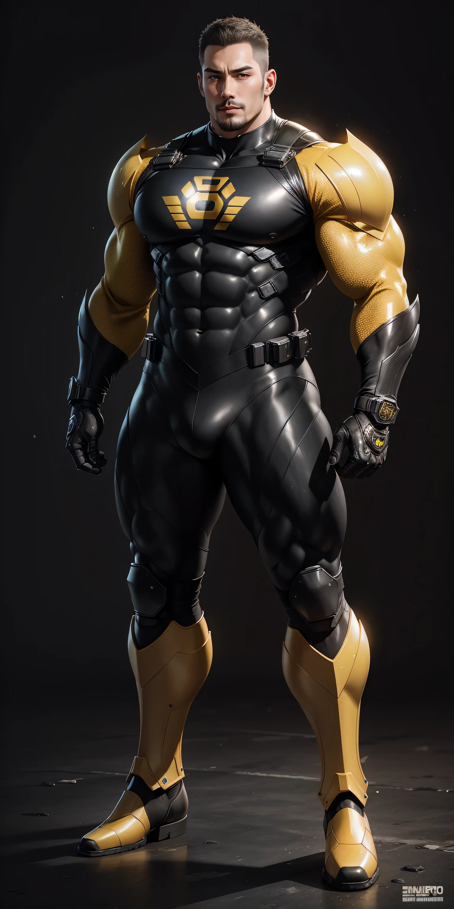 Tall giant muscular police officer，Black and yellow honeycomb network pattern nano mecha，honeycomb pattern，Lightweight texture，character concept（Resident Evil - chris redfield，chris redfield）senior police officer，small grid texture，regular symmetrical texture pattern，sad expression，Deep and charming eyes，Emerald Eyes Hero，heroic male pose，高大burly，muscular！Charming leg muscles，High, burly, Heqiang，  Super gain and cool， high resolution committee， Bigfoot black and yellow ultra-thin nano mechanical boots，Charming strong man，The bright sunshine is shining on you，matte particles，shiny texture