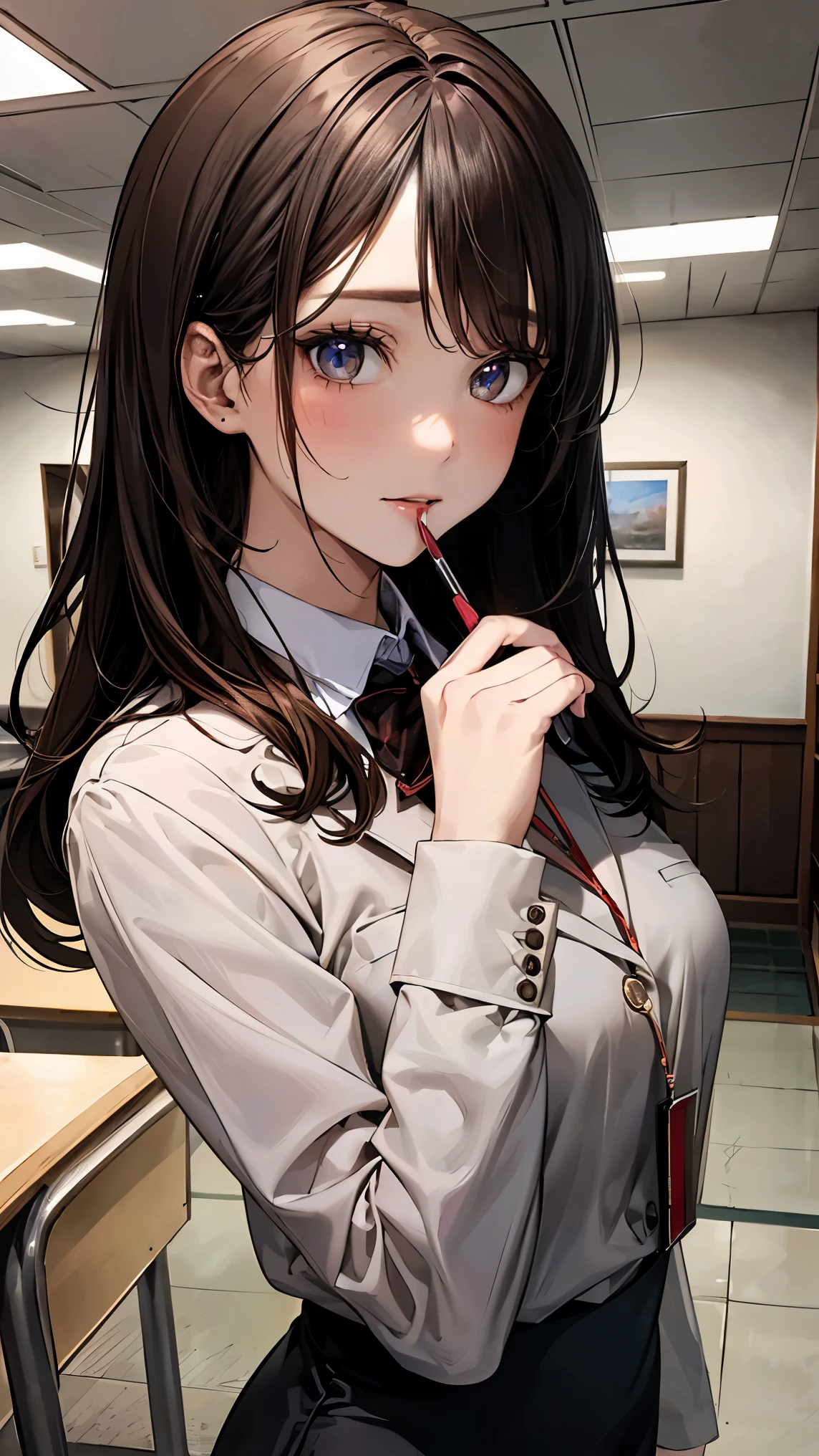 (masterpiece: 1.3), (maximum resolution: 1.2), (Ultra HDTV: 1.2), cinema light, Ultra HDTV, break, absurd, highest quality、High resolution, modern office, indoor, corridor, High quality images、8k, 1 female、skin luster、Texture of skin and clothing、Expression of fine eyes、shiny hair, long brown hair girl, Manga inspired by Lee Jong-suk, Trending on deviantart, realism, detailed manga style, manga art style, perfect line drawing, beautiful line drawing, digital manga art girl, K-POPアイドル, fine brown eyes, plump lips, detailed gorgeous face, (perfectly detailed face), (fine hands), natural cheeks, fascinating, innocent, glowing skin, photorealistic images, Depth of the bounds written, Japanese princess cut hairstyle, cowboy shot, Upper body, perfect body, ((Wearing a suit jacket, collared shirt long sleeve, casual pencil skirt)), Standing position, id card lanyard