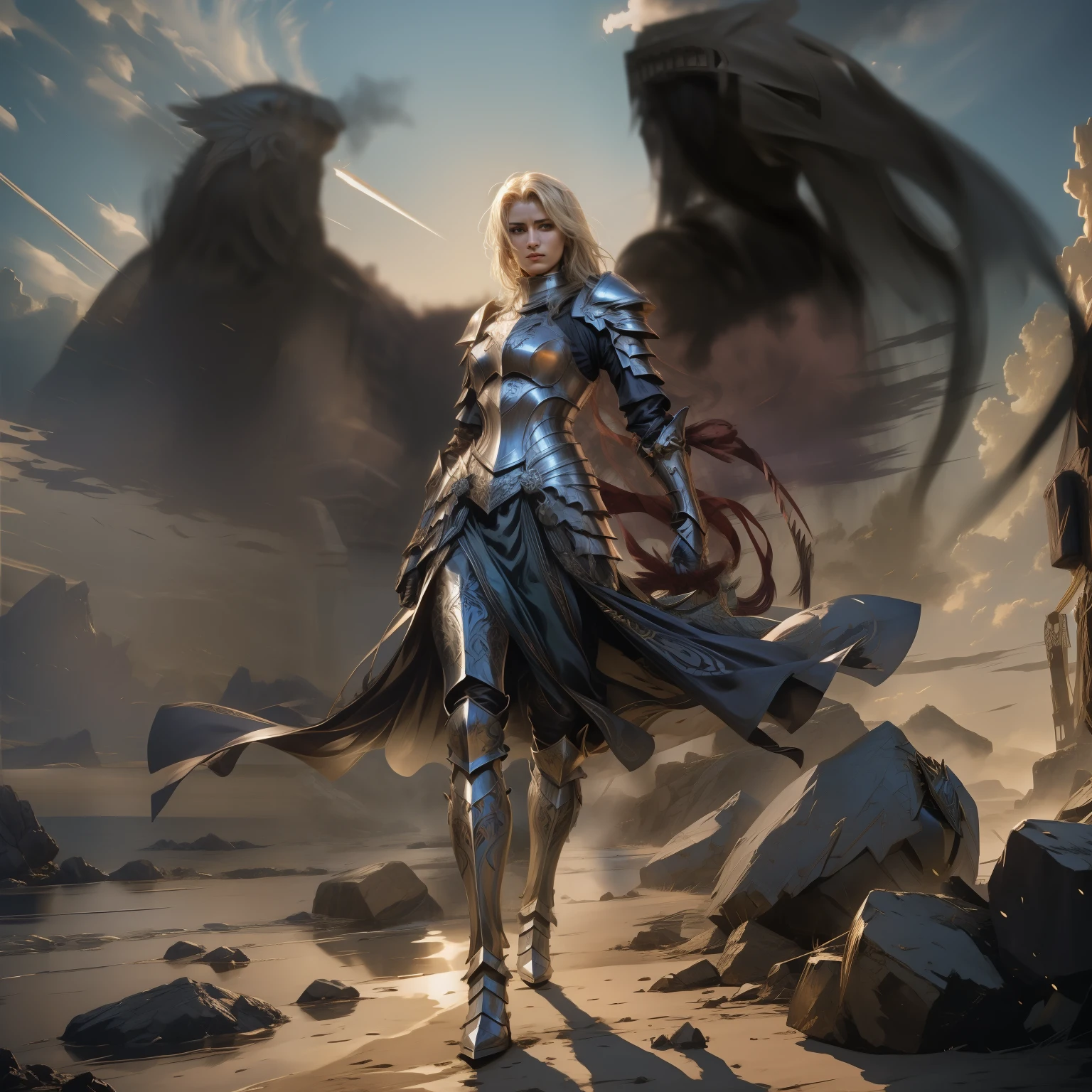 Female Knight. Proud semblant. Plated armor with intrincate carvings. Intense look. Proud. Shadow wings