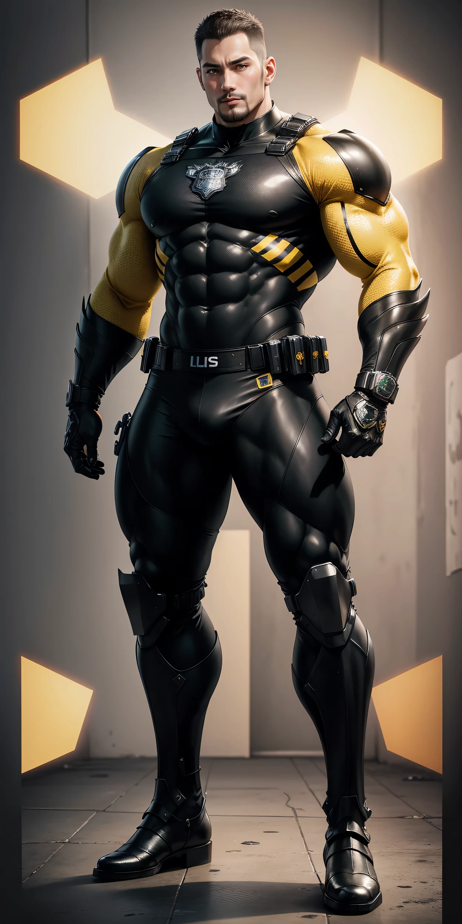 Tall giant muscular police officer，Black and yellow honeycomb network pattern nano mecha，honeycomb pattern，Lightweight texture，character concept（Resident Evil - chris redfield，chris redfield）senior police officer，small grid texture，regular symmetrical texture pattern，sad expression，Deep and charming eyes，Emerald Eyes Hero，heroic male pose，高大burly，muscular！Charming leg muscles，High, burly, Heqiang，  Super gain and cool， high resolution committee， Bigfoot black and yellow ultra-thin nano mechanical boots，Charming strong man，The bright sunshine is shining on you，matte particles，shiny texture