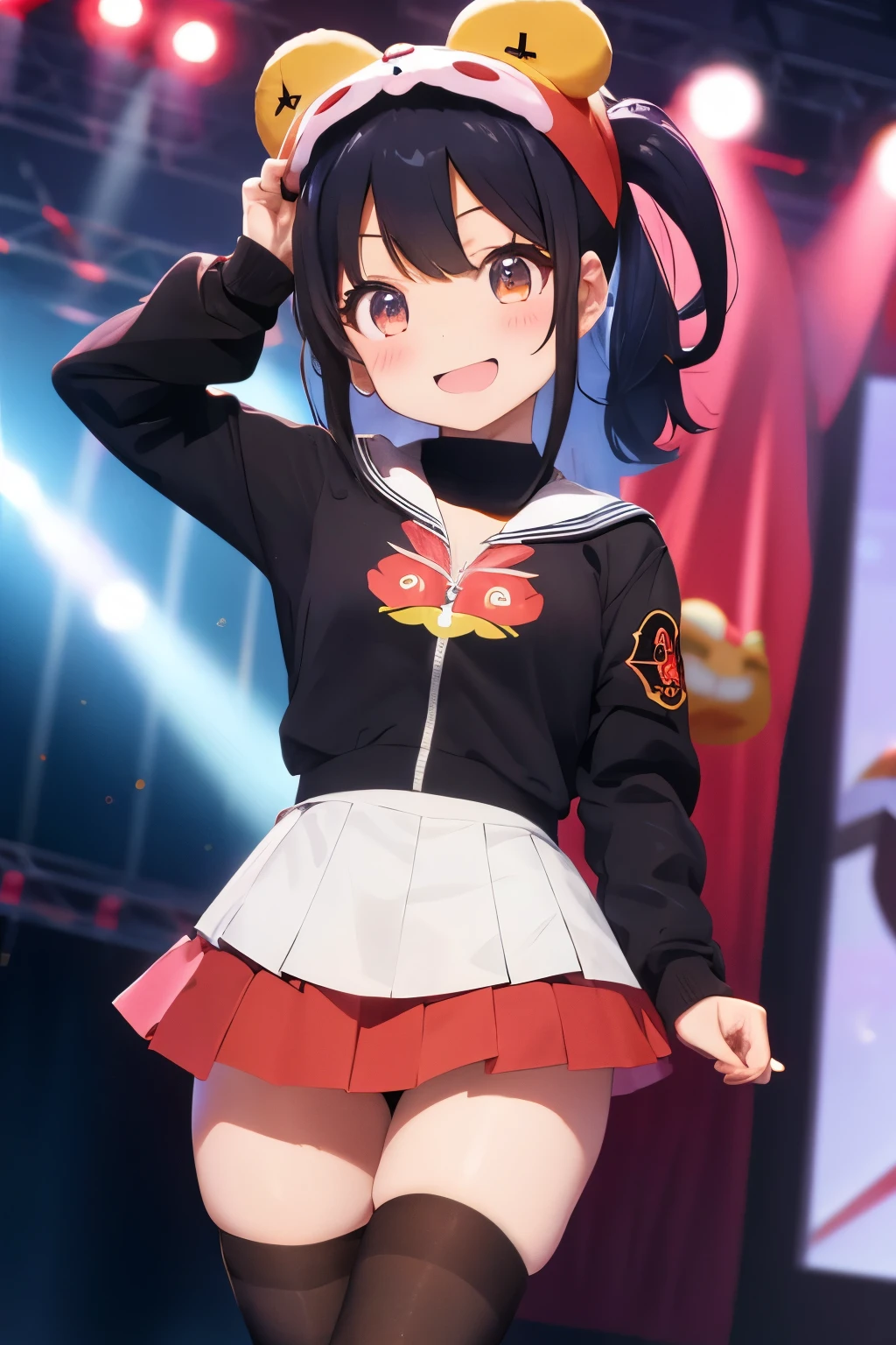 Chibi girl acting on the stage of Hero Sentai、wearing a cute monster costume