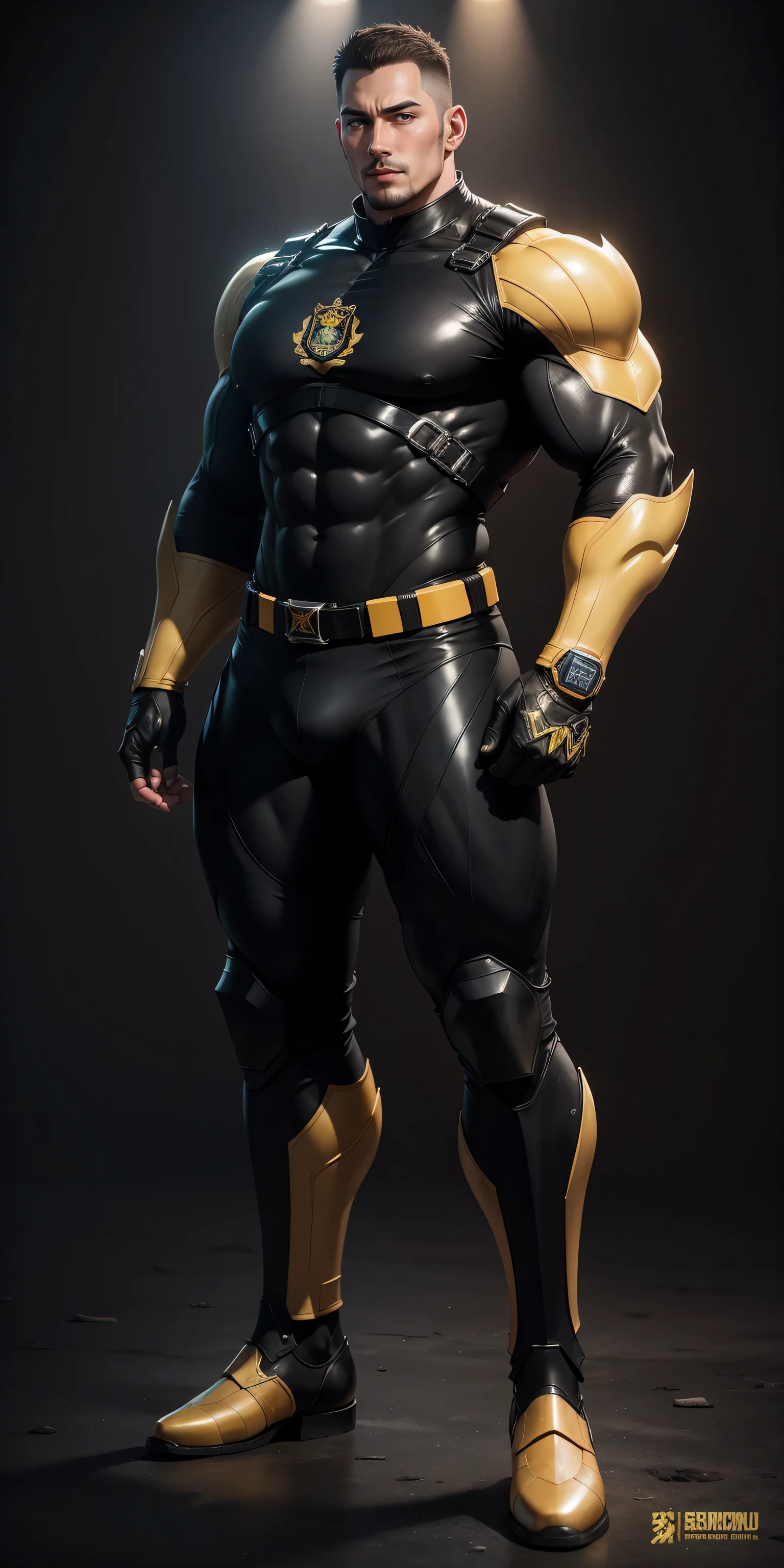 Tall giant muscular police officer，Black and yellow honeycomb network pattern nano mecha，honeycomb pattern，Lightweight texture，character concept（Resident Evil - chris redfield，chris redfield）senior police officer，small grid texture，regular symmetrical texture pattern，sad expression，Deep and charming eyes，Emerald Eyes Hero，heroic male pose，高大burly，muscular！Charming leg muscles，High, burly, Heqiang，  Super gain and cool， high resolution committee， Bigfoot black and yellow ultra-thin nano mechanical boots，Charming strong man，The bright sunshine is shining on you，matte particles，shiny texture