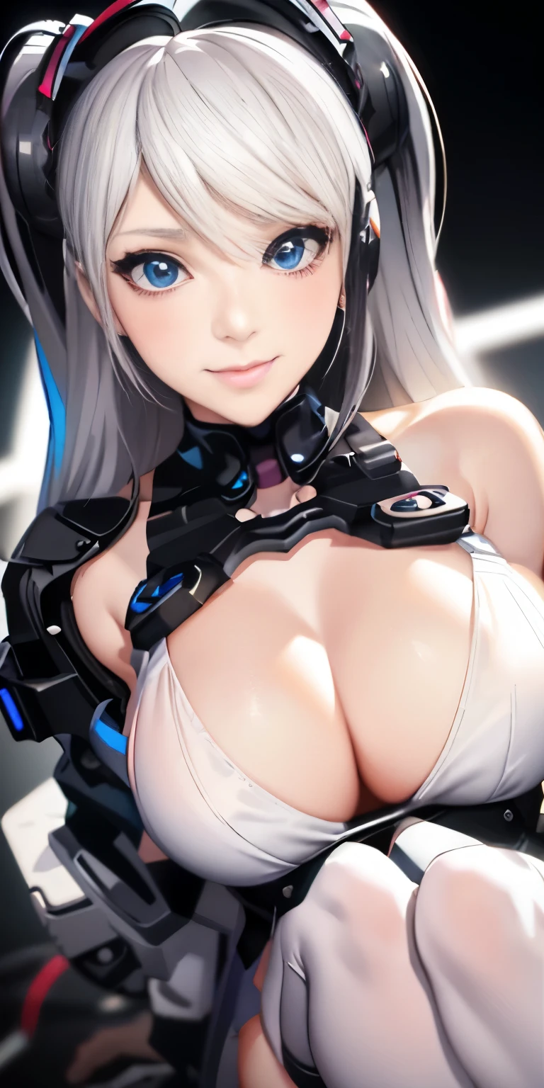 Close-up of a woman wearing a white top and black and white outfit, seductive anime girl, tits cyberpunk, biomechanical tits, perfect android girl, surreal女子高生, tits, hyper realistic anime, beautiful attractive anime woman, surreal , 3d anime girl, attractive anime girl, Anime Barbie wearing white stockings
