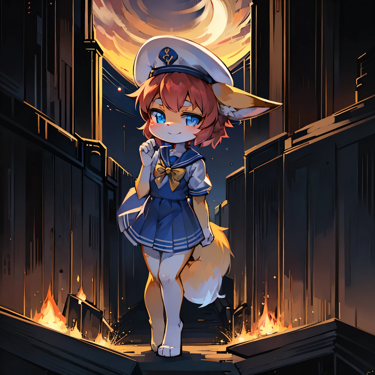 fox girl，female focus，Furry women，Characteristics of a three-year-old girl，Furry ，One meter six height，blue pupils，Bright Eyes，Smile，Sailor suit，sailor hat，short skirt，Standing posture