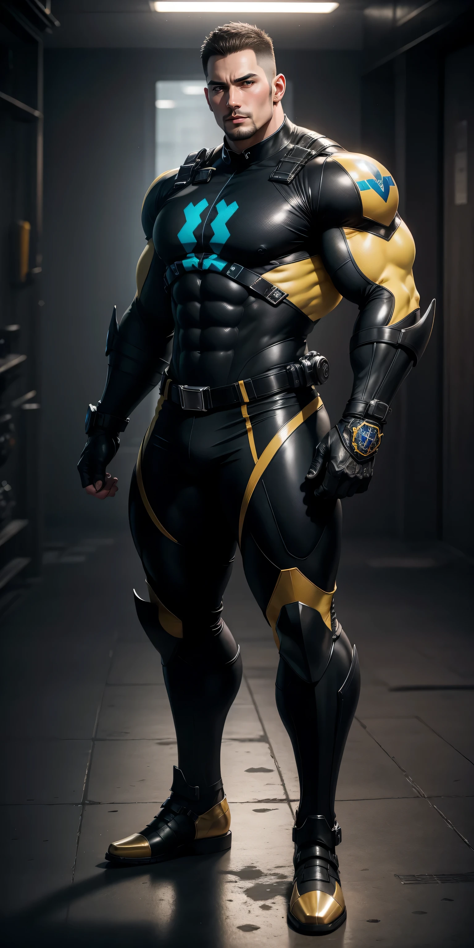 Tall giant muscular police officer，Black and yellow honeycomb network pattern nano mecha，honeycomb pattern，Lightweight texture，character concept（Resident Evil - chris redfield，chris redfield）senior police officer，small grid texture，regular symmetrical texture pattern，sad expression，Deep and charming eyes，Emerald Eyes Hero，heroic male pose，高大burly，muscular！Charming leg muscles，High, burly, Heqiang，  Super gain and cool， high resolution committee， Bigfoot black and yellow ultra-thin nano mechanical boots，Charming strong man，The bright sunshine is shining on you，matte particles，shiny texture