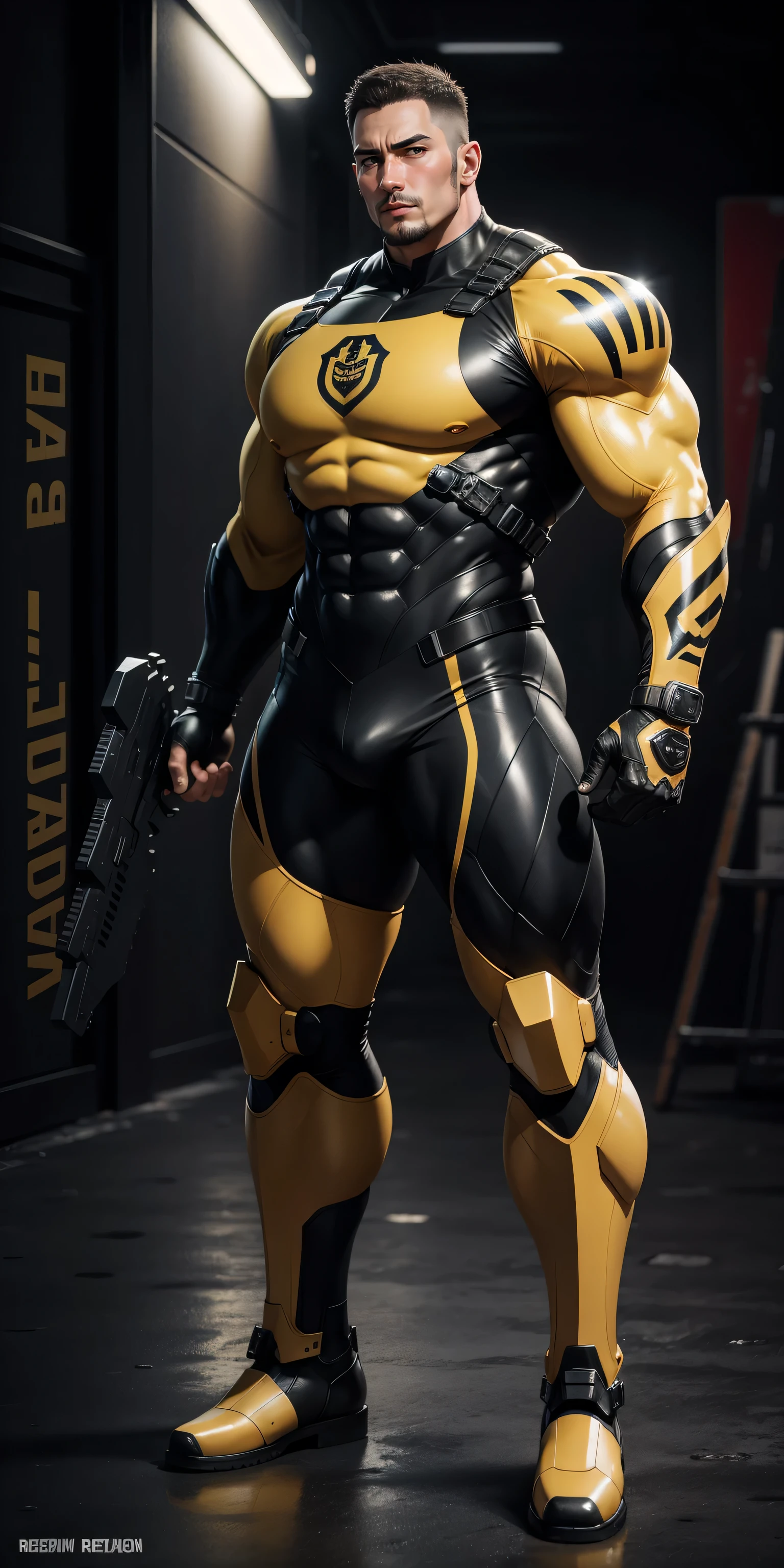 Tall giant muscular police officer，Black and yellow honeycomb network pattern nano mecha，honeycomb pattern，Lightweight texture，character concept（Resident Evil - chris redfield，chris redfield）senior police officer，small grid texture，regular symmetrical texture pattern，sad expression，Deep and charming eyes，Emerald Eyes Hero，heroic male pose，高大burly，muscular！Charming leg muscles，High, burly, Heqiang，  Super gain and cool， high resolution committee， Bigfoot black and yellow ultra-thin nano mechanical boots，Charming strong man，The bright sunshine is shining on you，matte particles，shiny texture