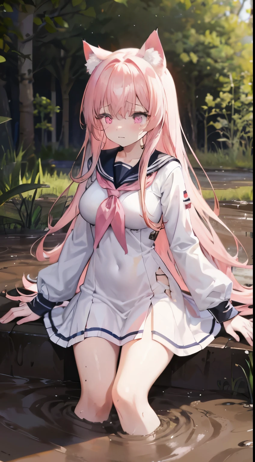 direction, silver hair, heart shaped pupils, Cat ear朵, Grinning, glowing light, film grain, 8K, Super details, precise, best quality, 1080P, ultra high definition, 8K animal ears，Face turned red，female student，White sailor suit blue collar，cry，fall，Cat ear，one with pink hair，Shoot real，best quality，masterpiece，extremely delicate and beautiful，Very detailed，CG，8K，Amazing cleavage，detailed，masterpiece，best quality at best，Very detailedd CG unity 8k wal在泥泞的沼泽中挣扎, Legs stuck in the mud, Covered with mud, With an expression of despair