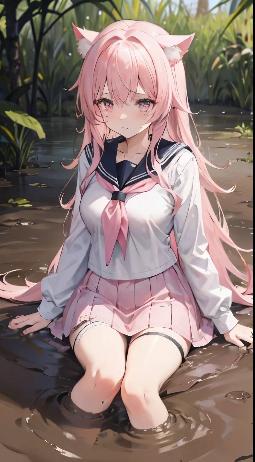 long, wavy light pink hair, messy hair, pink eyes, caring for students, sailor uniform, large breasts, girl, cat ears, (best quality, ultra-detailed), crying, atmosphere is during the day, emitting a sense of eternity. She struggles in the muddy swamp, her legs sinking into the mud, a look of despair on her face (despair:1.0), covered in mud.