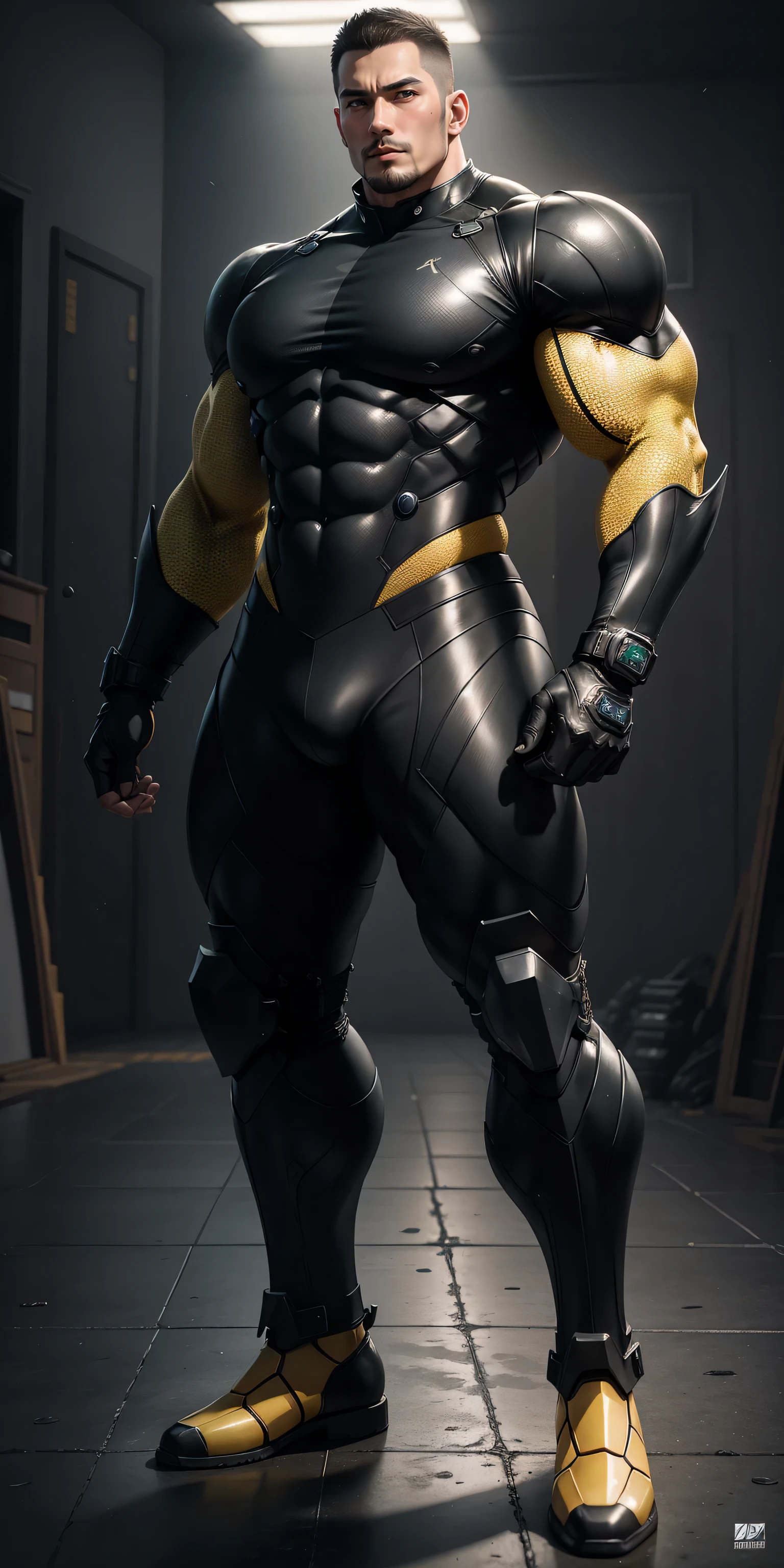 Tall giant muscular police officer，Grid black and yellow honeycomb network pattern nano mecha，honeycomb pattern，Lightweight texture，character concept（Resident Evil - chris redfield，chris redfield）senior police officer，small grid texture，regular symmetrical texture pattern，sad expression，Deep and charming eyes，Emerald Eyes Hero，heroic male pose，高大burly，muscular！Charming leg muscles，High, burly, Heqiang，  Super gain and cool， high resolution committee， Bigfoot black and yellow ultra-thin nano mechanical boots，Charming strong man，The bright sunshine is shining on you，matte particles，shiny texture