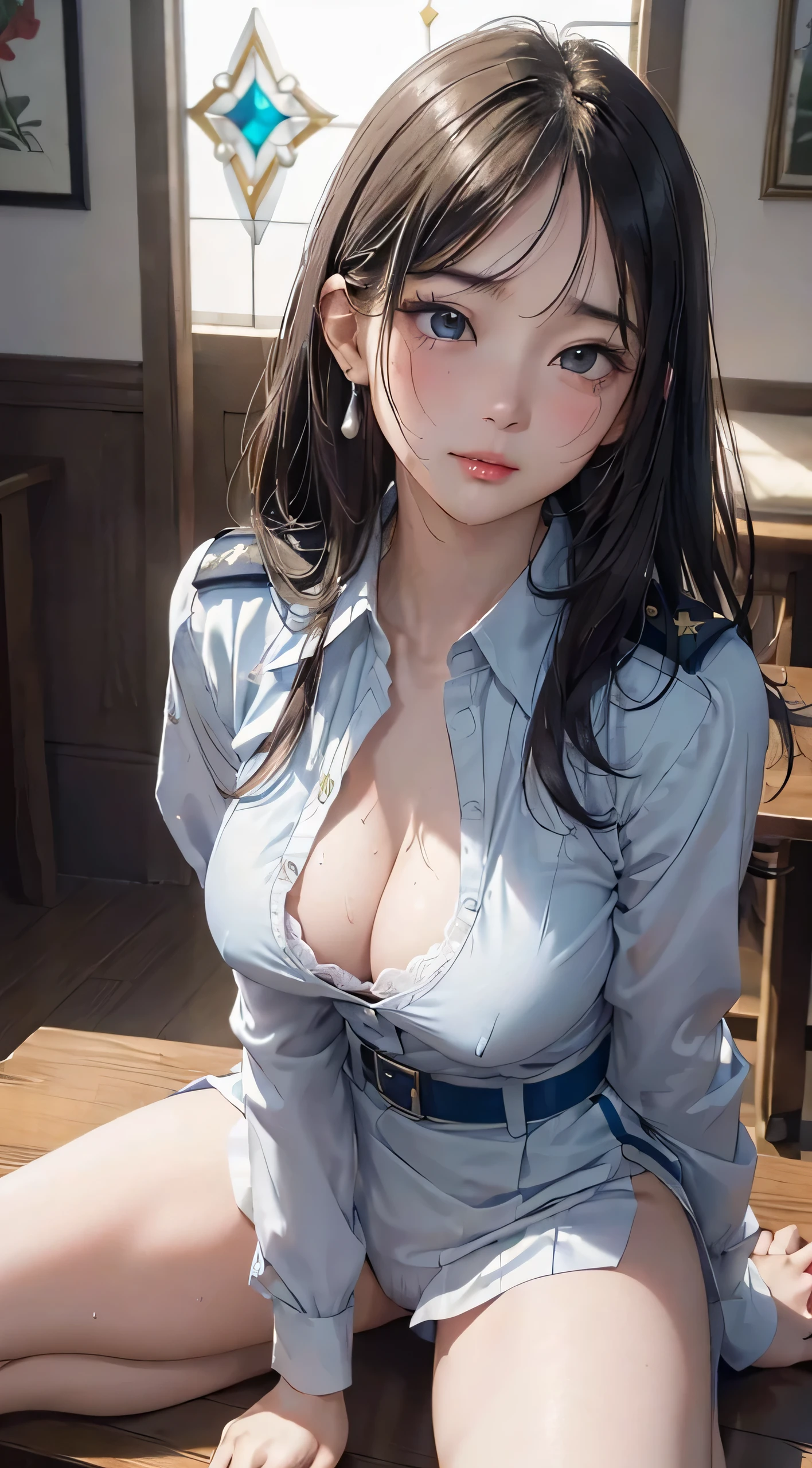 (table top: 1.3), (maximum resolution: 1.2), (Ultra HDTV: 1.2), cinematic light, 8K resolution, fine eyes and skin, detailed facial features, , (sharp focus: 1.2), (focus on the face:1.2),perfect style, beautiful face, acura, anatomically correct, Highly detailed face and skin texture, fine eyes, double eyelid, thin eyebrows, glitter eyeliner: 1 natural cheeks, Glossy skin, Fair skin: 1.2, (glossy lips: 1.4),、 (embarrassed look: 1.2),Highly detailed face and skin texture, fine eyes, double eyelid, natural cheeks, , glossy lips: 1.4,exposed cleavage、collected sperm、Overflowing sperm、flowing sperm、 blush、humiliating、impatience、It was disappointing、It was scary、glare、sexual excitement、provocation、embarrassing、please open your knees、open your legs、 white underwear、white bra、Sparkling small earrings and necklace、disheveled clothes、exposed panties、Sweat、thin underwear、stockings、 18-year-old, A neat and clean woman,1 person、 upturned chest, church、Stained glass、blonde、silver haired、blue ash eyes、green ash eye,(police uniform:1.3)、policewoman、disgusting face、