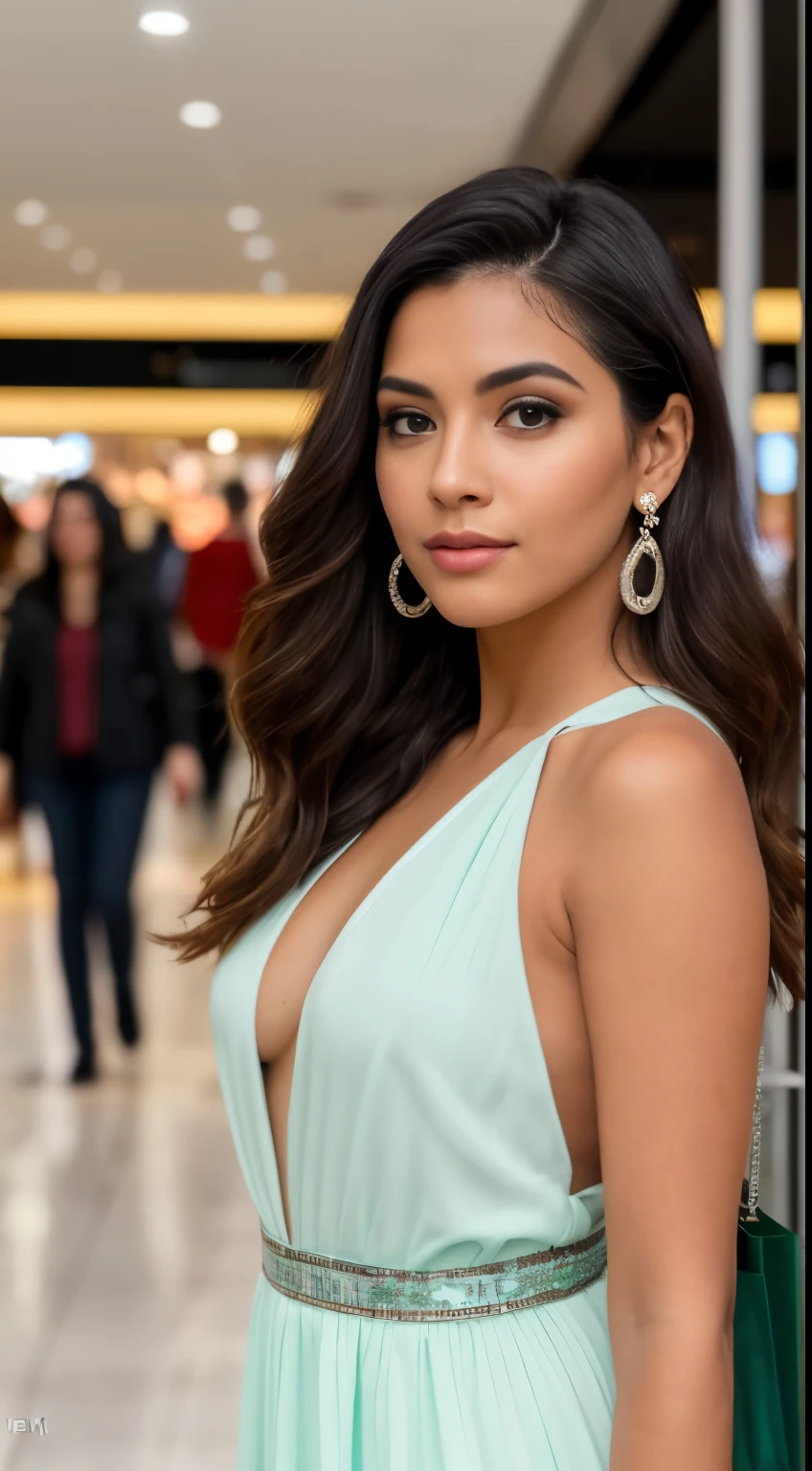 Foto RAW em sequencia, uma foto de uma adolescente 16anos, (((vestindo vestido branco moderno, no shopping em frente a escada rolante))), rosto detalhado, planos de fundo detalhados pouco desfocados, luzes naturais, hdr, foto realista, foto profissional, flerte com o espectador, Visual sexy, fotorrealista, Linda, pele natural, 8k hd, alta qualidade, cinematic grain, Fujifilm XT3. Rosto similar a Jenifer Lopes