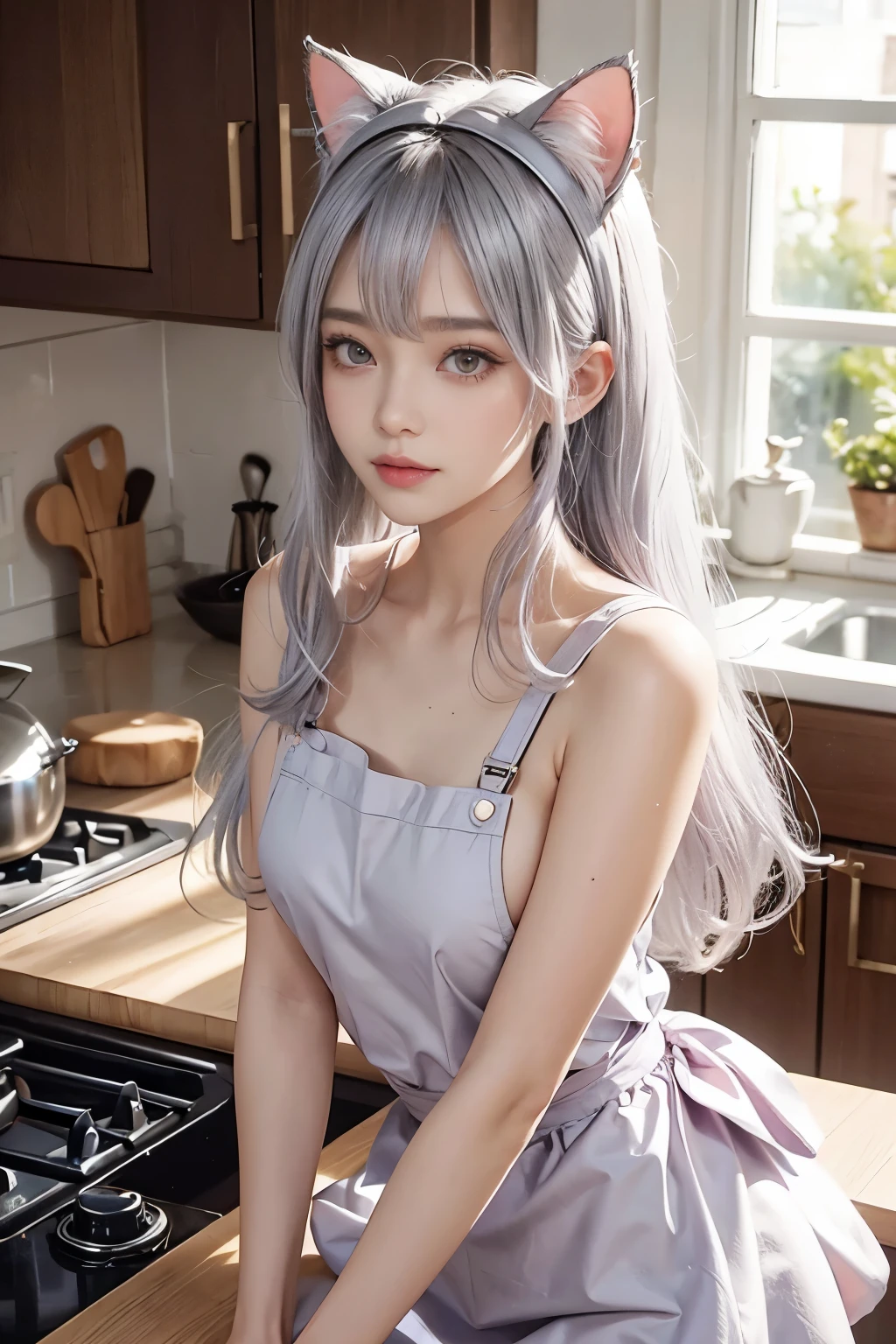 Silver hair, hair bang, cat ears headband, shining hair, skin pores, shining skin, pink apron, in kitchen lovely, beautiful
