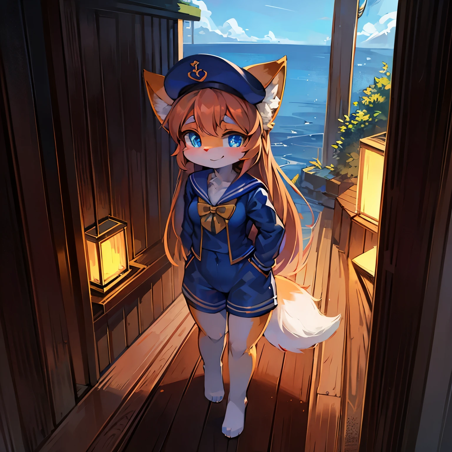 fox girl,female focus,Furry women,Characteristics of a three-year-old girl,Furry ,One meter six height,blue pupils,Bright Eyes,Smile,Sailor suit,sailor hat,shorts,Standing posture