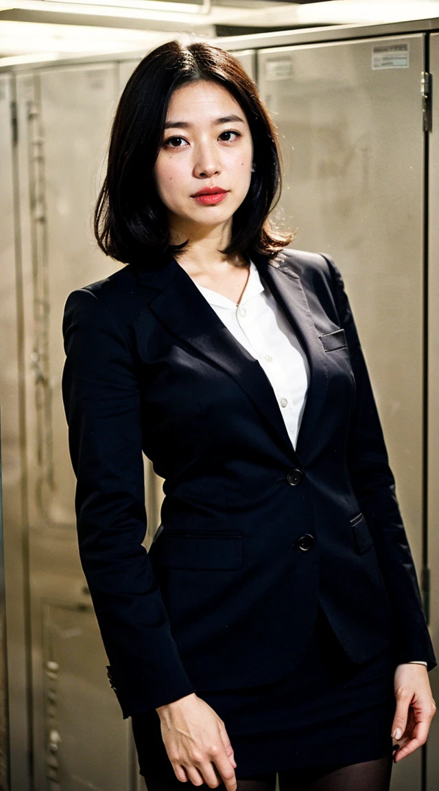 ((highest quality、8k、masterpiece:1.3))、Photoreal, sharp focus, High level image quality, High resolution, portrait, alone, Japanese, middle-aged women, beautiful woman, Sexy, (business suit, Tight Skirt:1.3), pantyhose, 43 years old, Plump, bob hair, wrinkles around the eyes, office changing room, Many steel lockers, dark background,