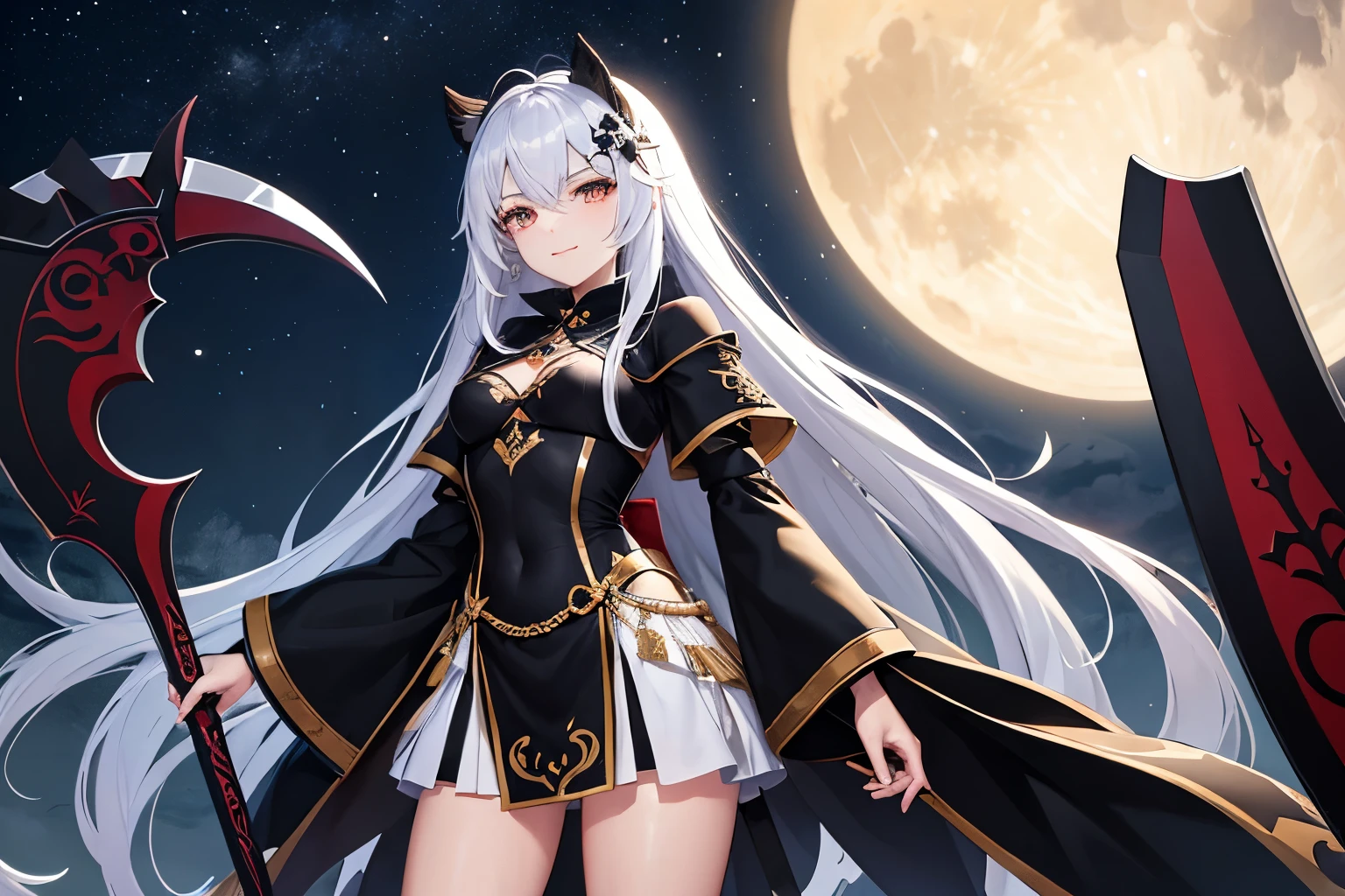 (high quality、masterpiece、be familiar with、normal body、A body without defects)((Beautiful girl with Death Scythe in her right hand:1.4、Executioners、grim Reaper、silver hair、Black bristles、Golden eyes that emit a mysterious light))、Wearing a mysterious black robe、wearing a white skirt:1.2、risque costume、transparent costume:1.3、multiple moons in a row、Moon phase is lined up at the back、smile shyly、Crescent moon emblem on the forehead、I have a death scythe with a long handle.:1.5、Death Scythe with a sharp edge.