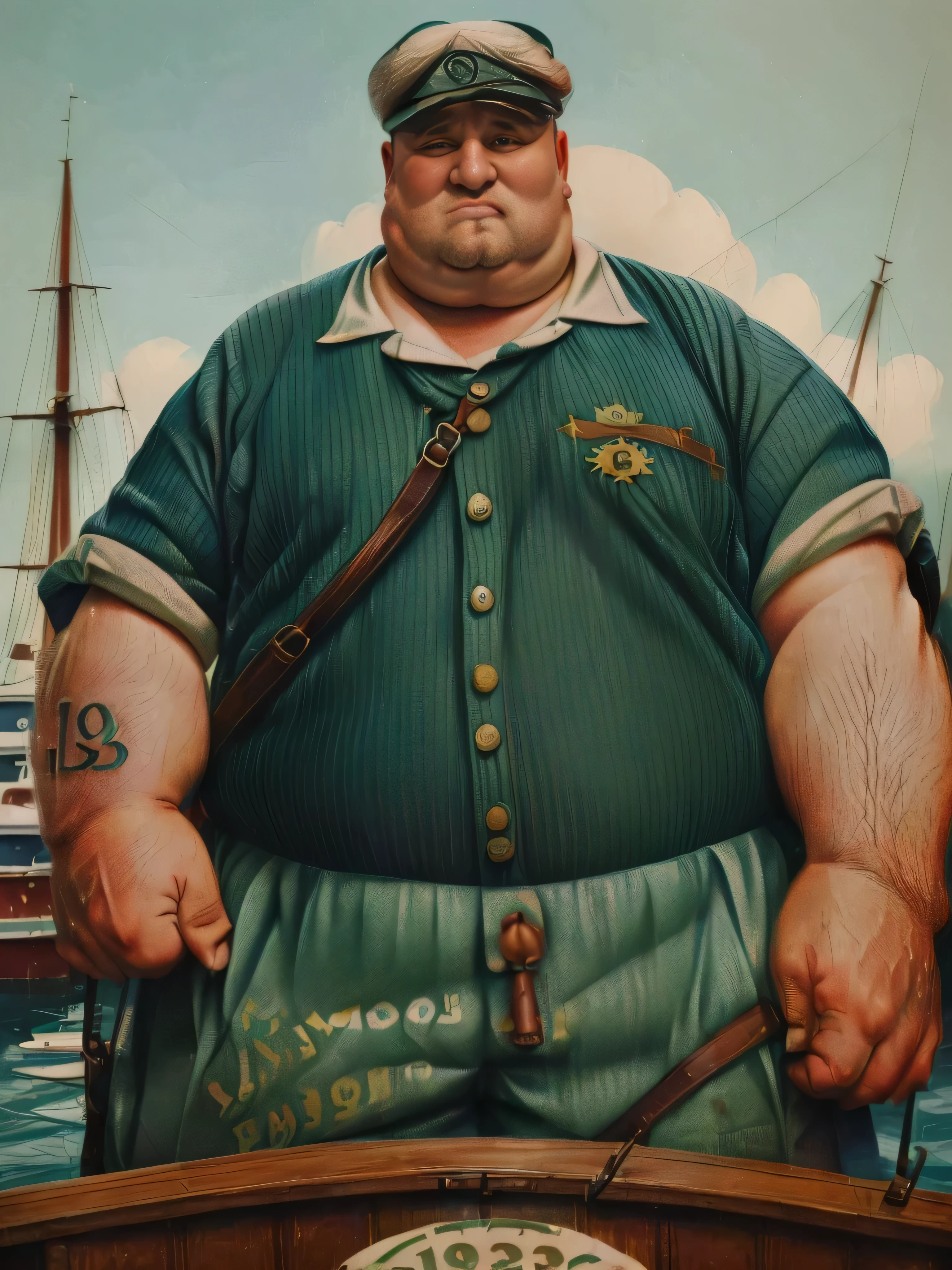 1930, massachusetts mountain village. Pre-raphaelite ((((50-year-old)) extremely fat, 800 pounds heavy Popeye with a tin of spinache on his boat ((((casual Clothing from the 1930s)))) ((Hairstyle of the 1930s)), ((Wes Anderson cinematic style)), colorful. 