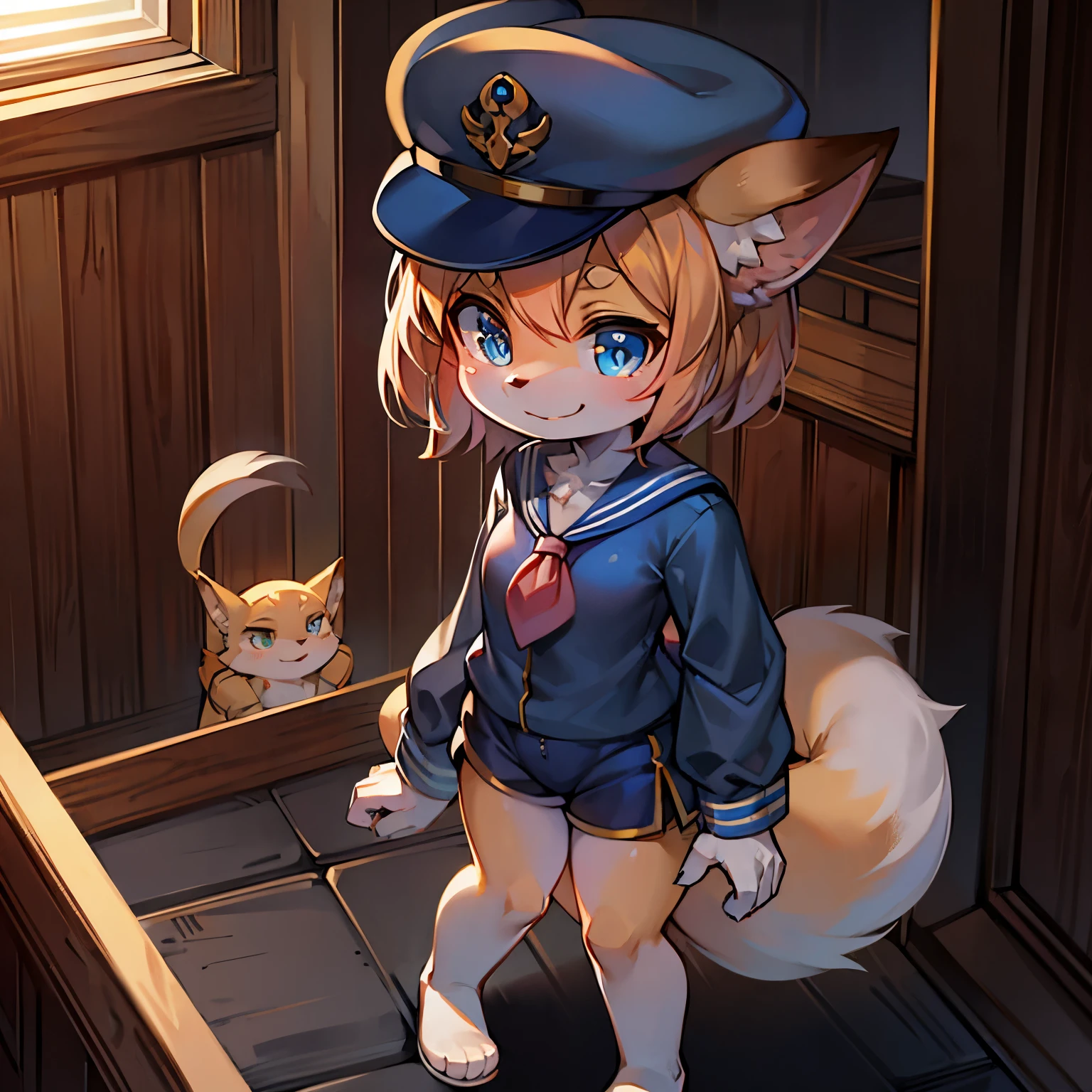 fox girl，female focus，Furry women，Characteristics of a -year-girl，ry loli，One meter six height，blue pupils，Bright Eyes，Smile，Sailor suit，sailor hat，shorts，Standing posture